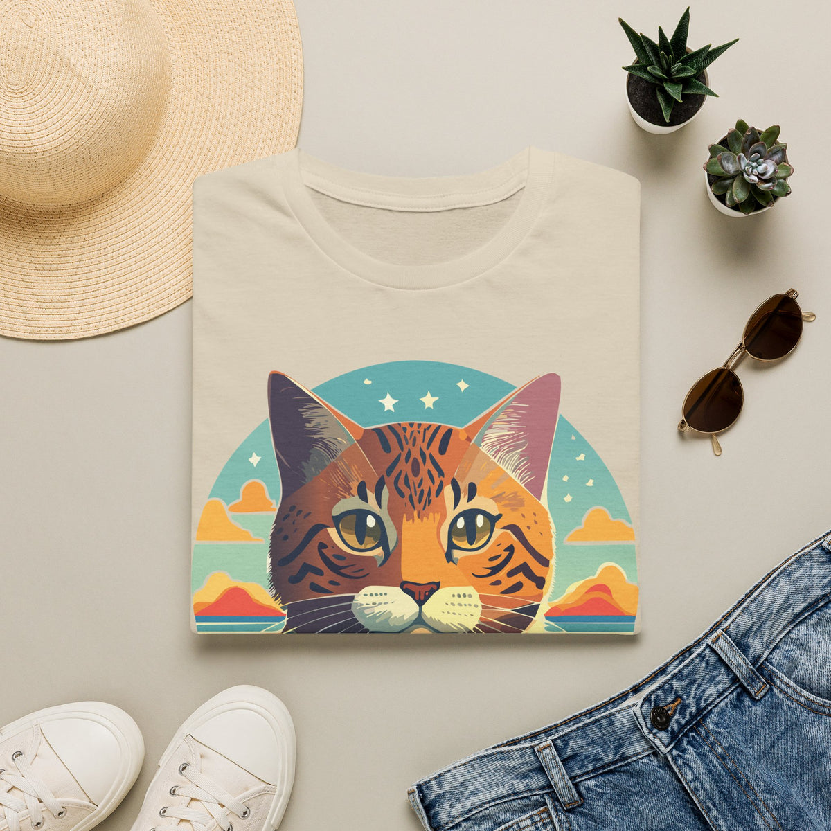 Retro Tabby Cat Illustration T-Shirt | Vintage Sunset Cat Tee