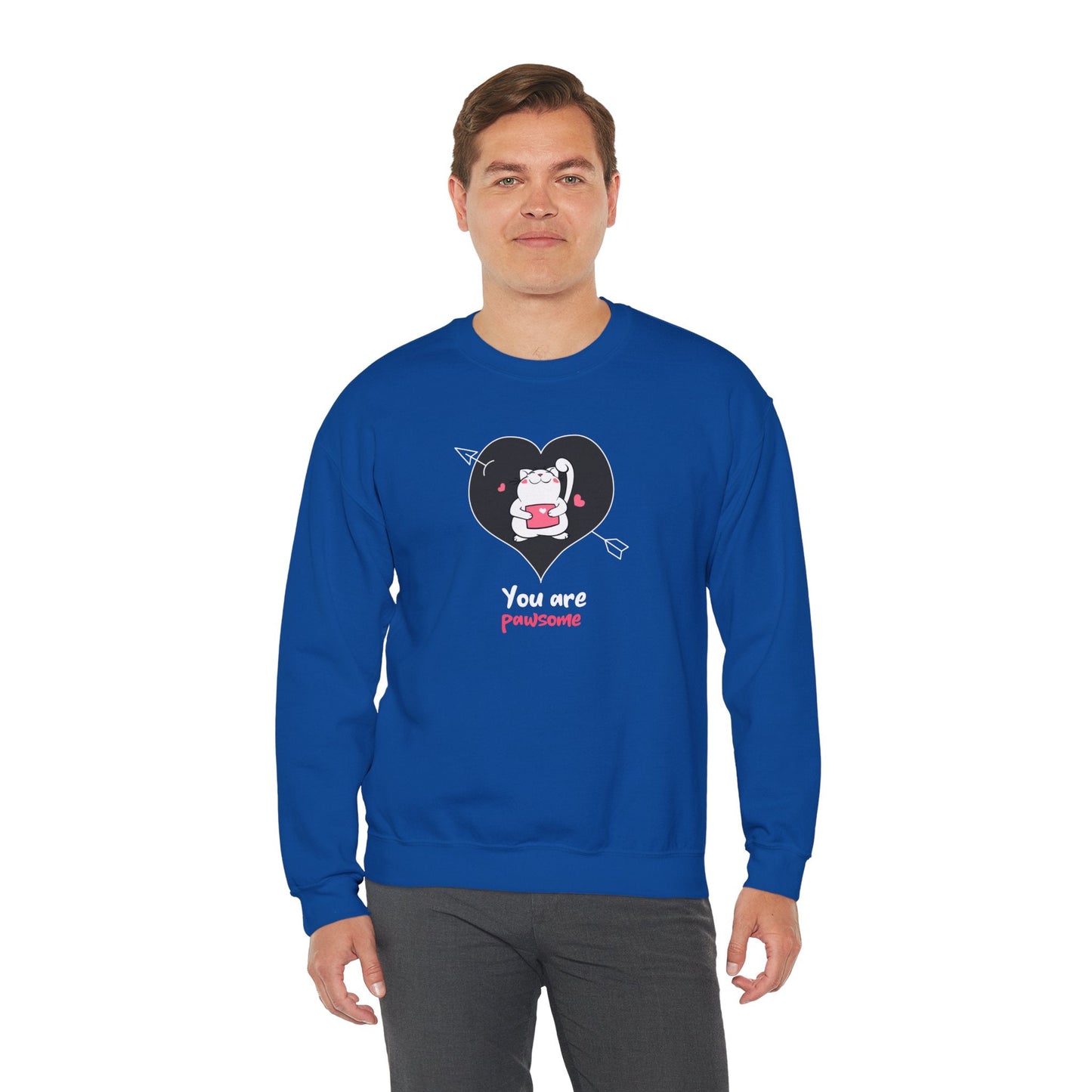 Cat Heart Sweatshirt Unisex Valentines Day Fifty Fifty Cotton Poly Crewneck Gildan 18000