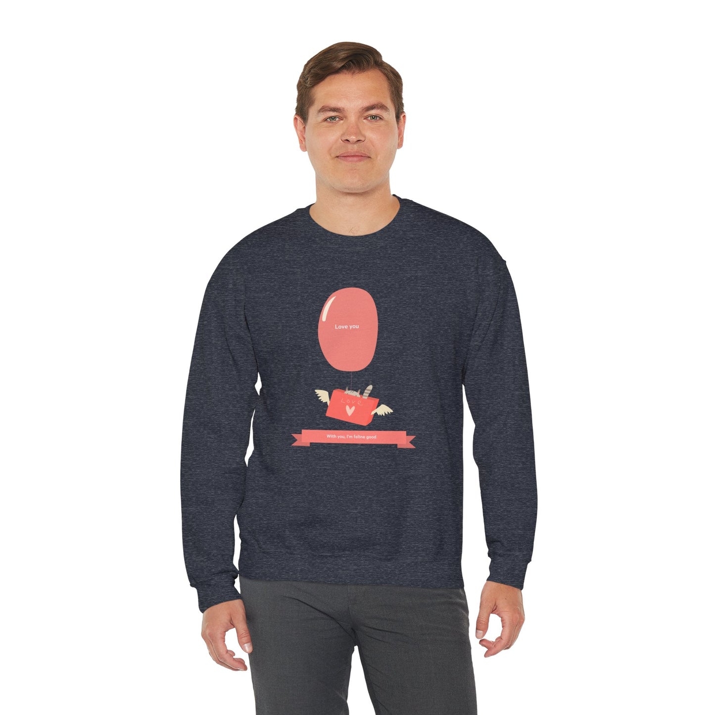 Cat Love Balloon Sweatshirt Unisex Fifty Fifty Cotton Poly Valentine Heavy Blend Crewneck Sweatshirt