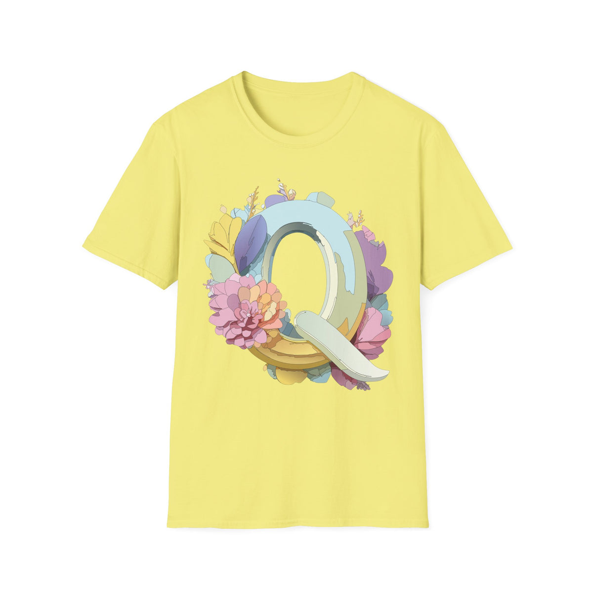 Floral Letter Q T-Shirt | Pastel Monogram Tee, Botanical Initial Shirt