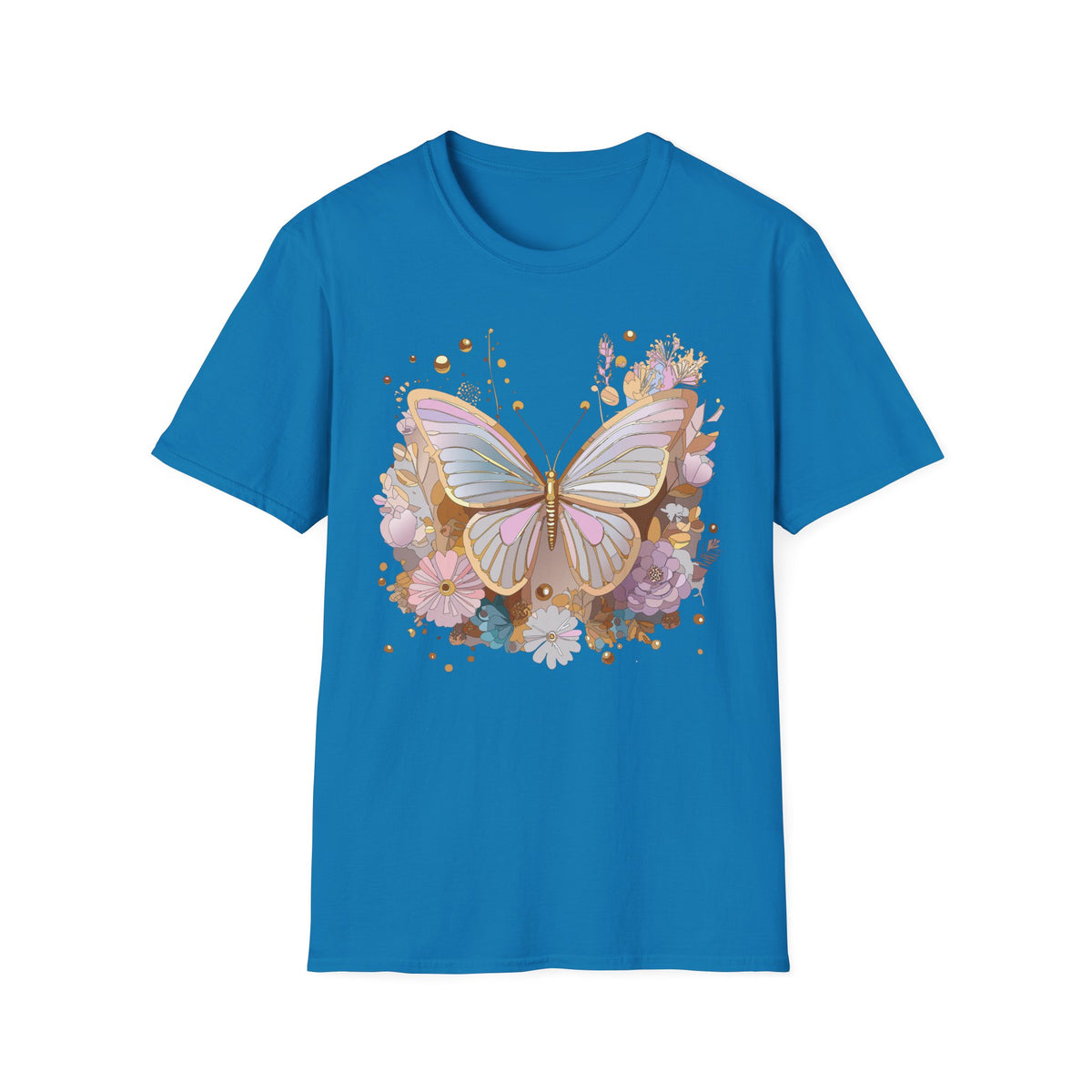Pastel Butterfly Floral T-Shirt — Gold Accent Butterfly Graphic Design Unisex 100 Cotton Gildan T-Shirt
