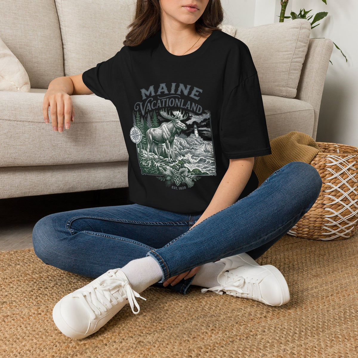 Maine Vacationland T-Shirt – Vintage Moose, Lighthouse State Travel Travel Tourist Graphic Design Unisex 100 Cotton Gildan T-Shirt