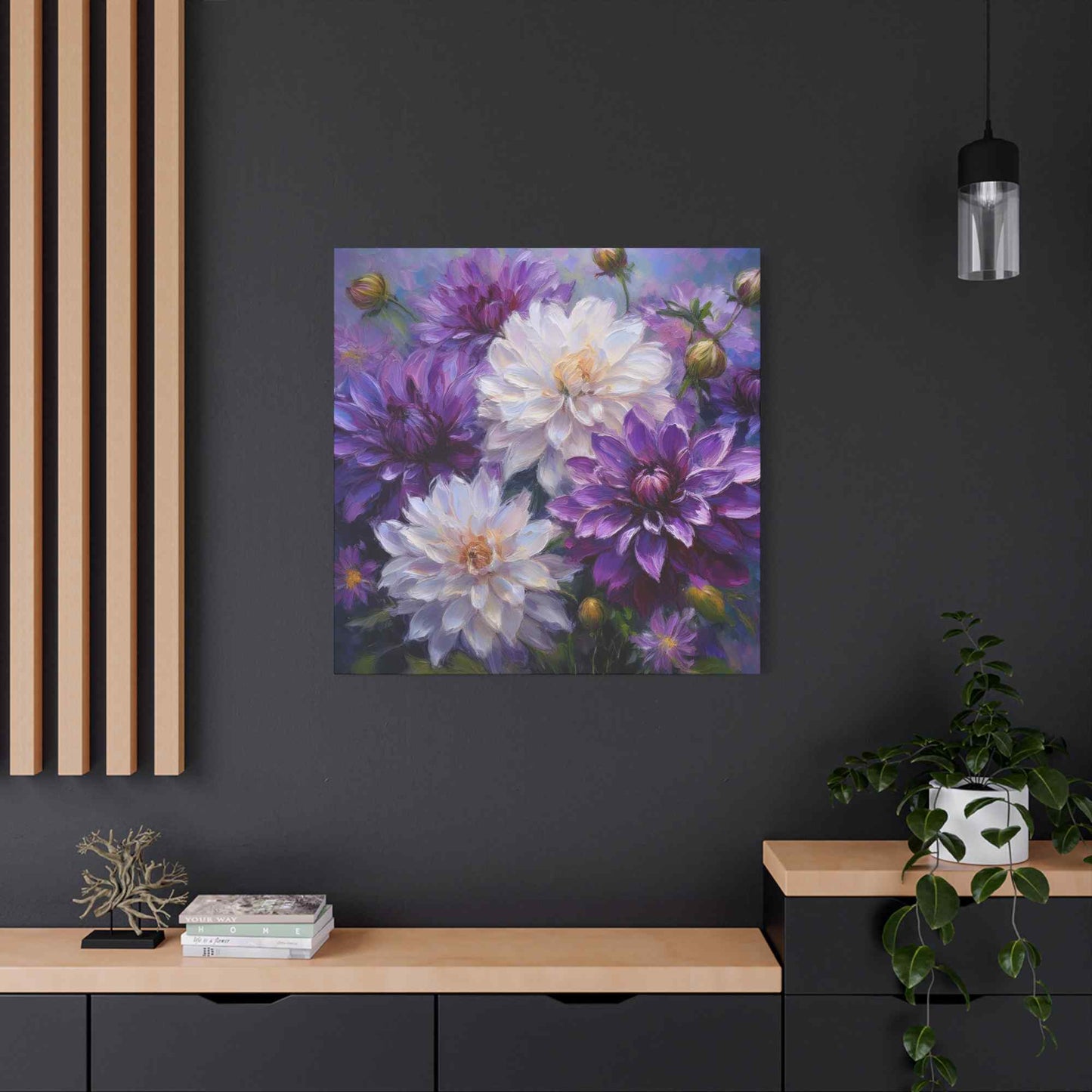 Dahlias Floral Print Canvas, Floral Oil Paint Print 20x20, 24x24, 30x30, 32x32, 36x36 Art Design Pine-Wood Inner Frame MC-171
