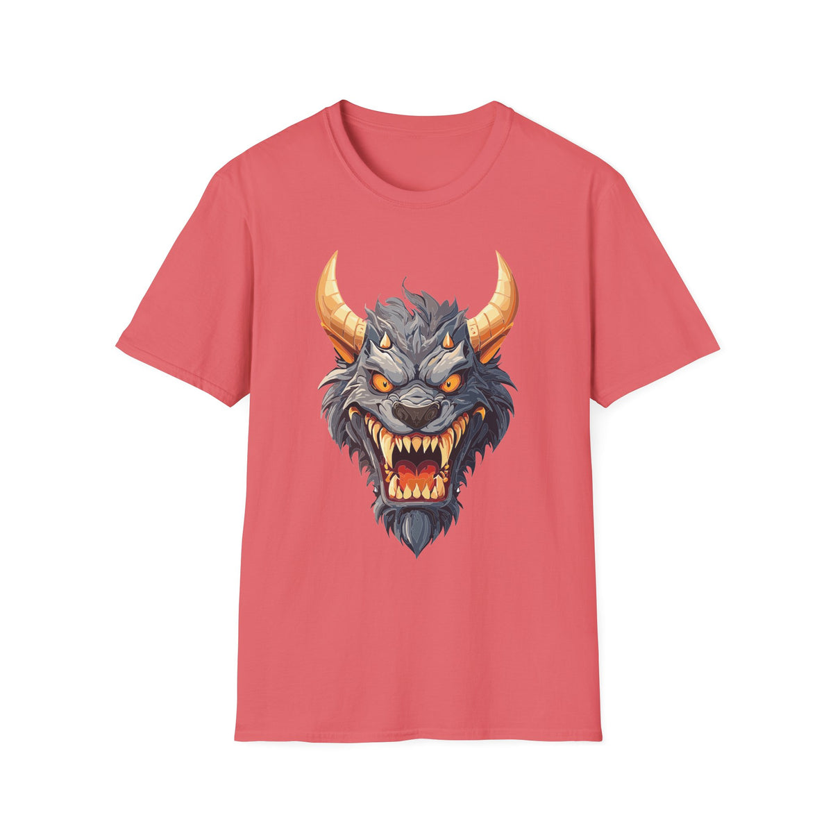Demonic Beast Head T-Shirt — Horned Monster Cartoon Graphic Tee Unisex 100 Cotton Gildan T-Shirt