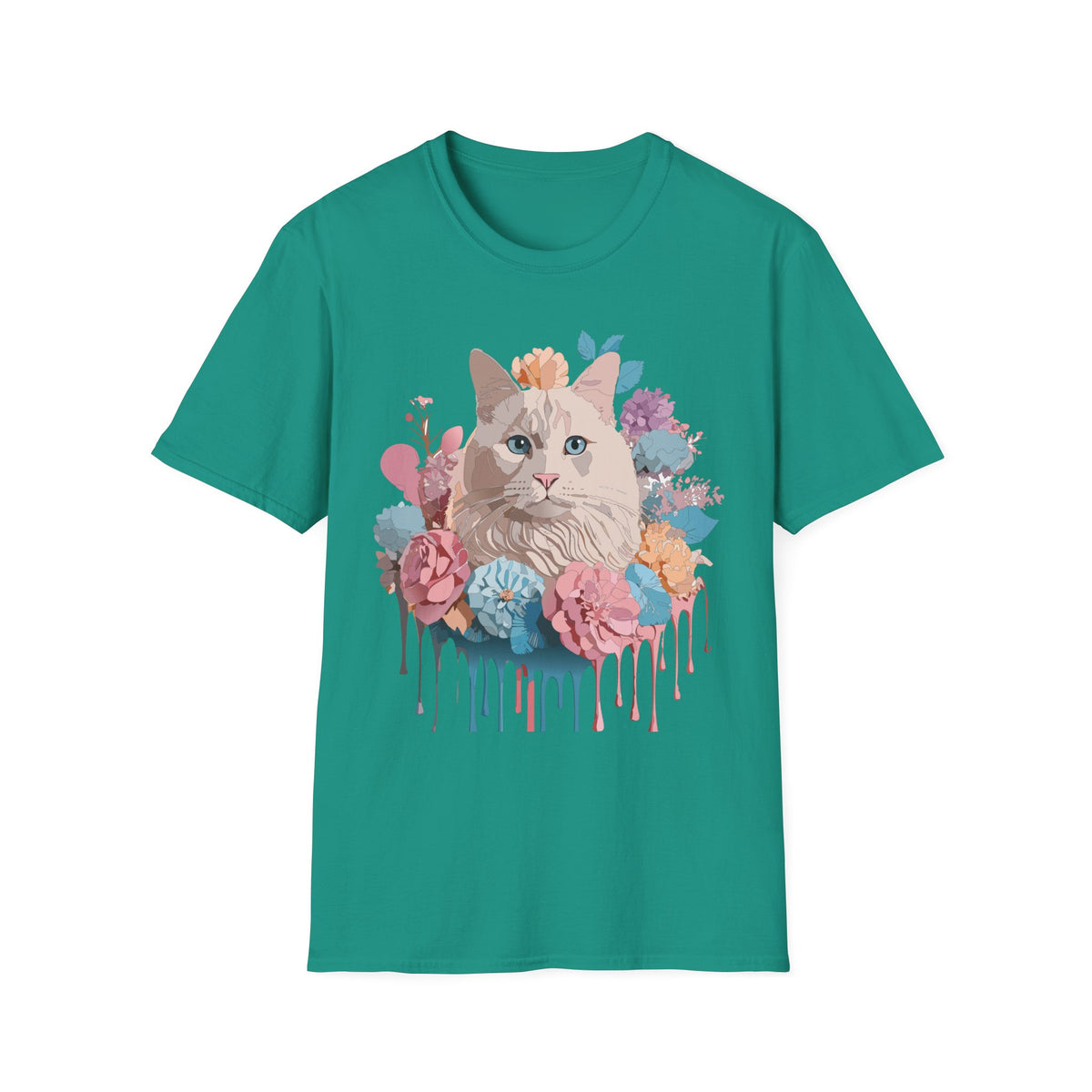 Floral Cat Portrait T-Shirt | Watercolor Kitty with Flowers