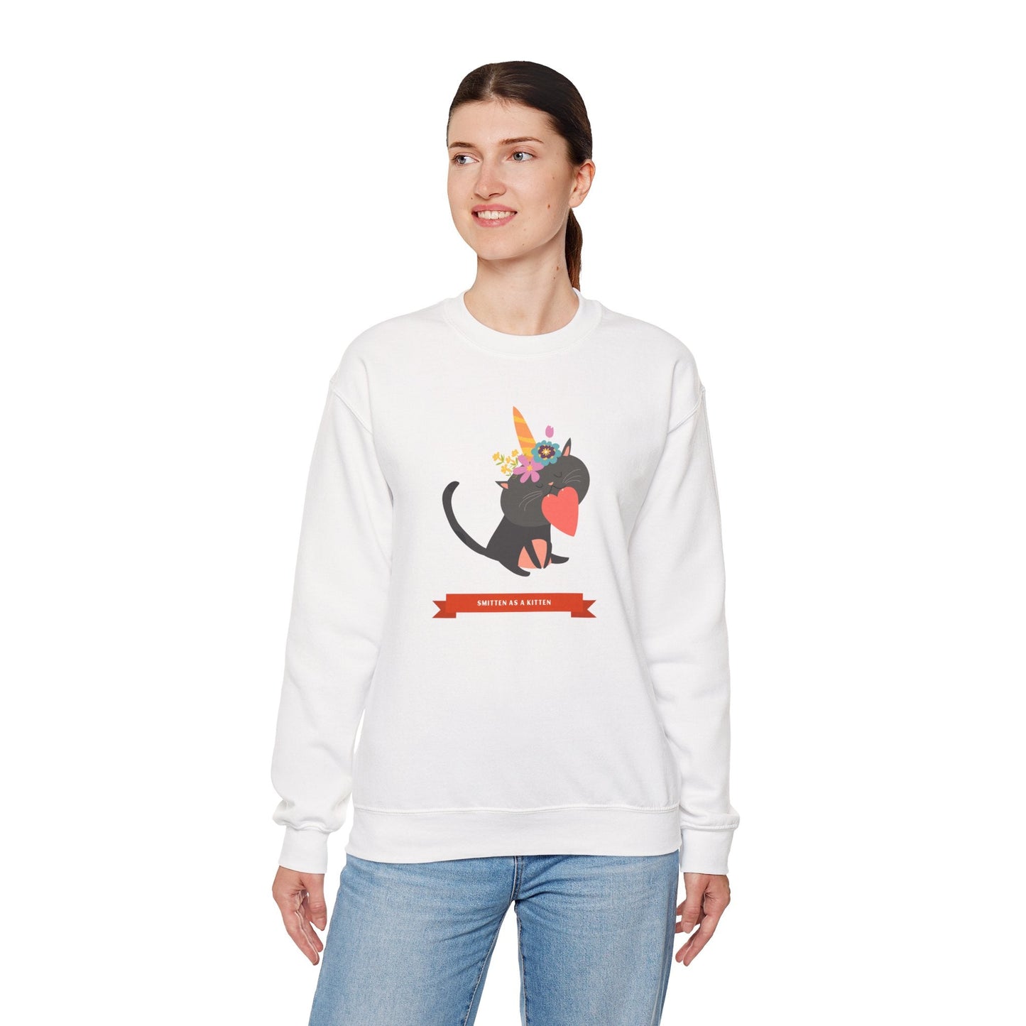 Cat Heart Sweatshirt Unisex Valentine Gift 50/50 Cotton-Poly Crewneck Gildan 18000