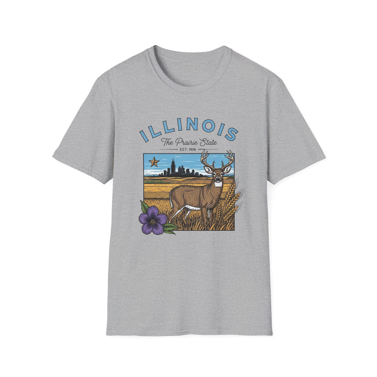 Illinois Deer State T-Shirt — The Prairie State Travel Tourist Graphic Design Unisex 100 Cotton Gildan T-Shirt