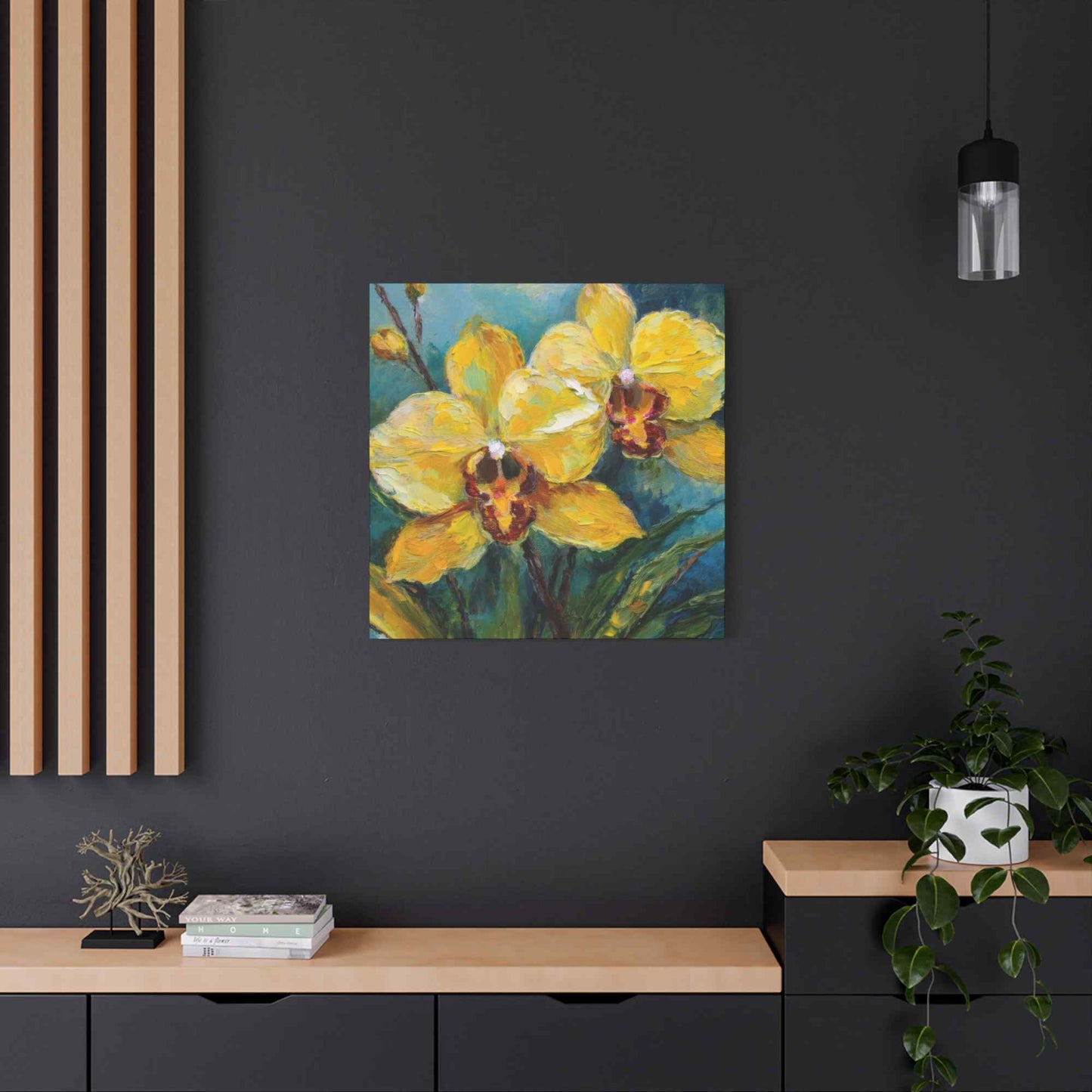 Yellow Orchids Print Canvas, Floral Oil Paint Print 20x20, 24x24, 30x30, 32x32, 36x36 Art Design Pine-Wood Inner Frame MC-139