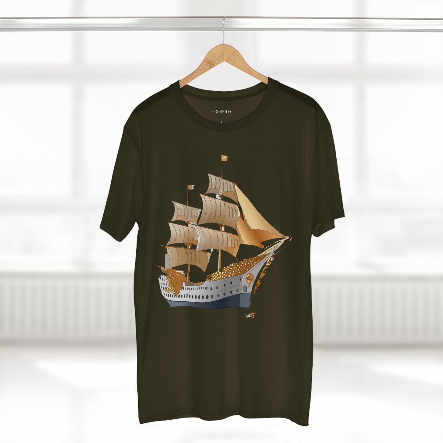 Ship Graphic Unisex 100 Cotton T-Shirt with Gold Frigate Art Design 25