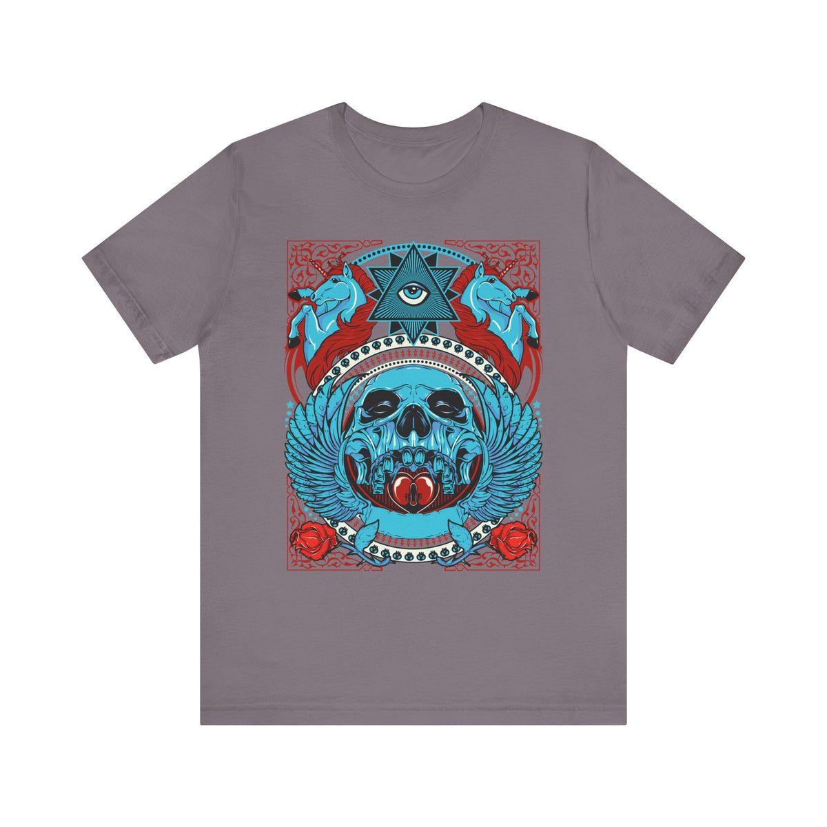All-Seeing Skull Illustration Tee Winged Skull Third Eye Roses T-Shirt