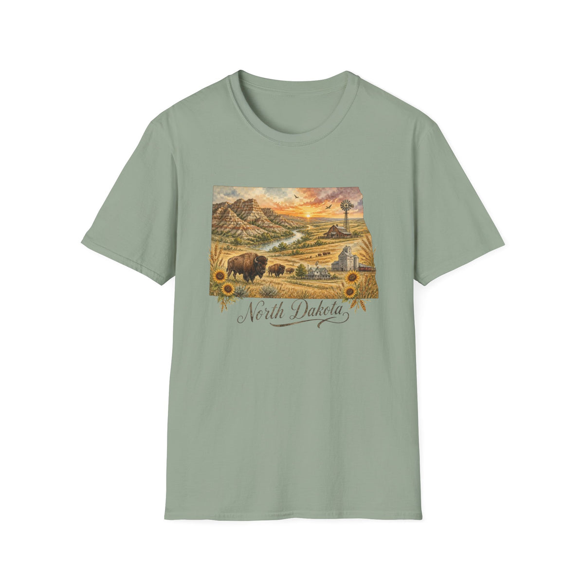 North Dakota State Travel Tourist Graphic Design Unisex 100 Cotton Gildan T-Shirt