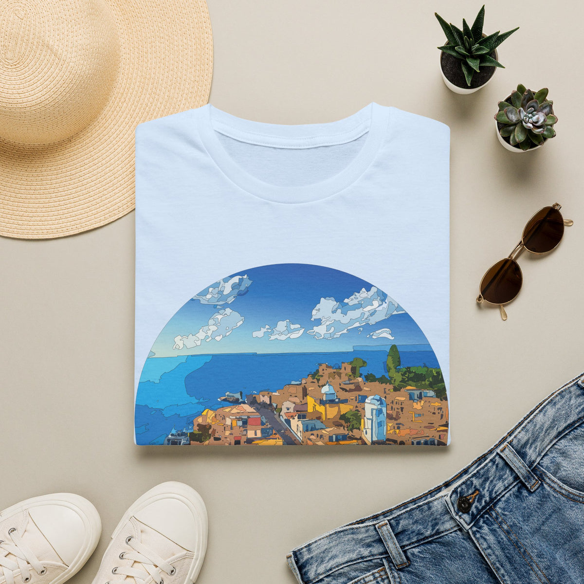 Italy Mediterranean Coastal Village Illustration T-Shirt | Seaside Landscape Tee