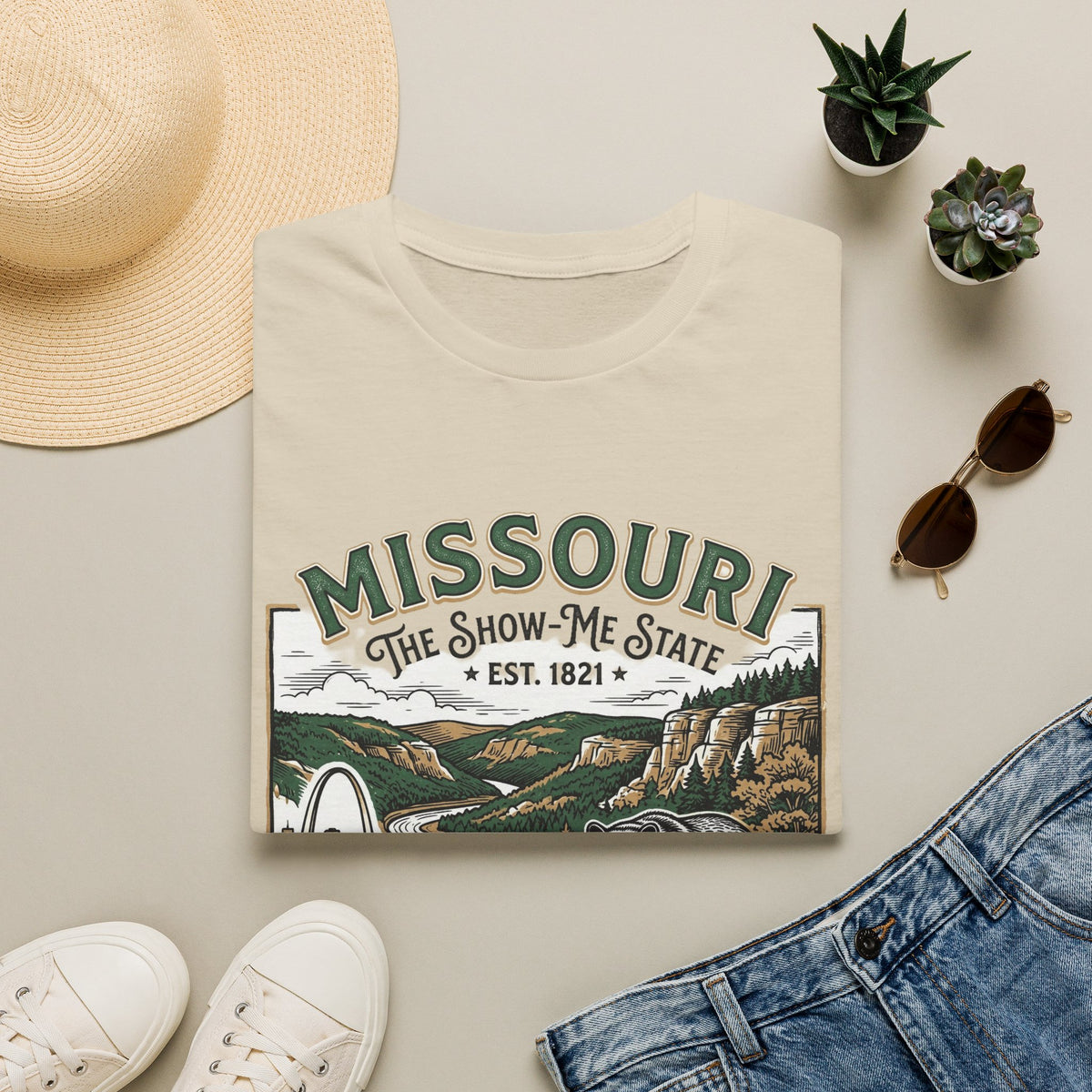 Missouri Vintage State Pride T-Shirt — State Scenic Bear Design Travel Tourist Graphic Design Unisex 100 Cotton Gildan T-Shirt