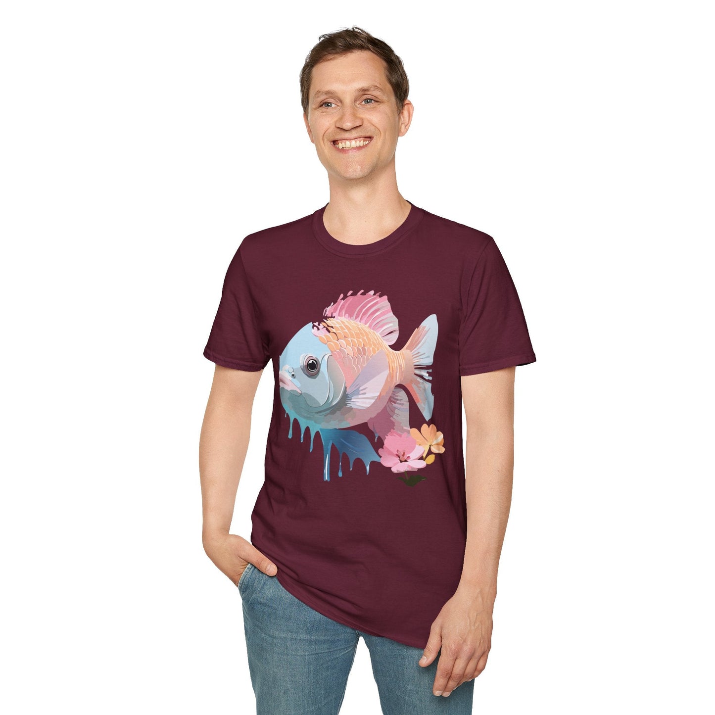 Fish Art Design Shirt Unisex Graphic Tee 100 Percent Ring Spun Cotton Softstyle Gildan 64000