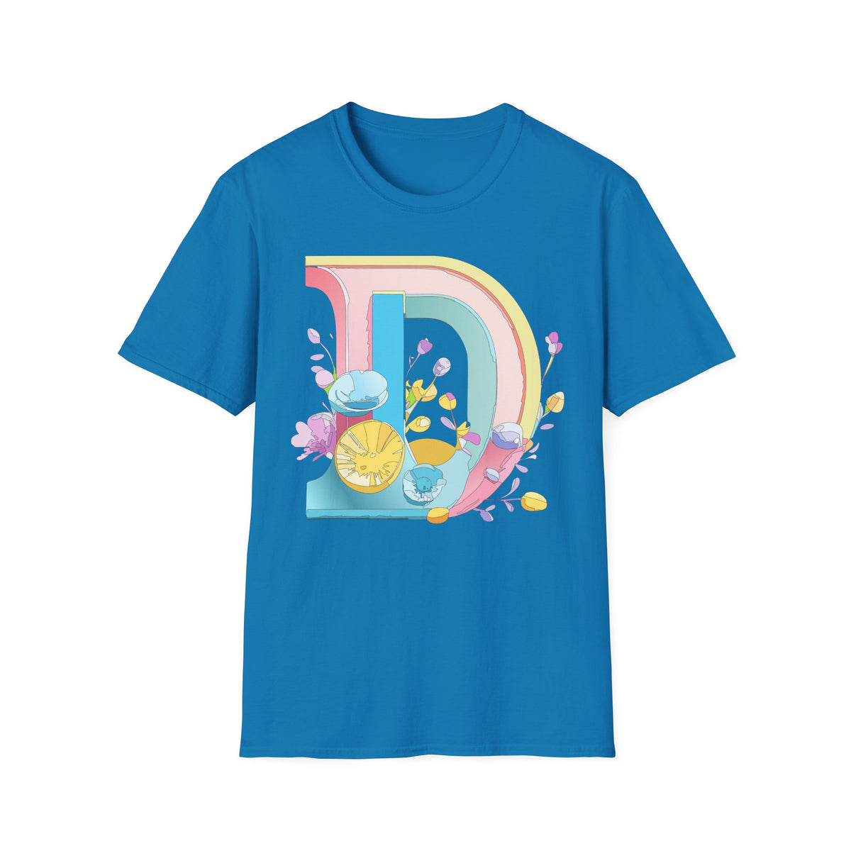 Retro Rainbow Letter D T-Shirt | Floral Lemon Initial Graphic