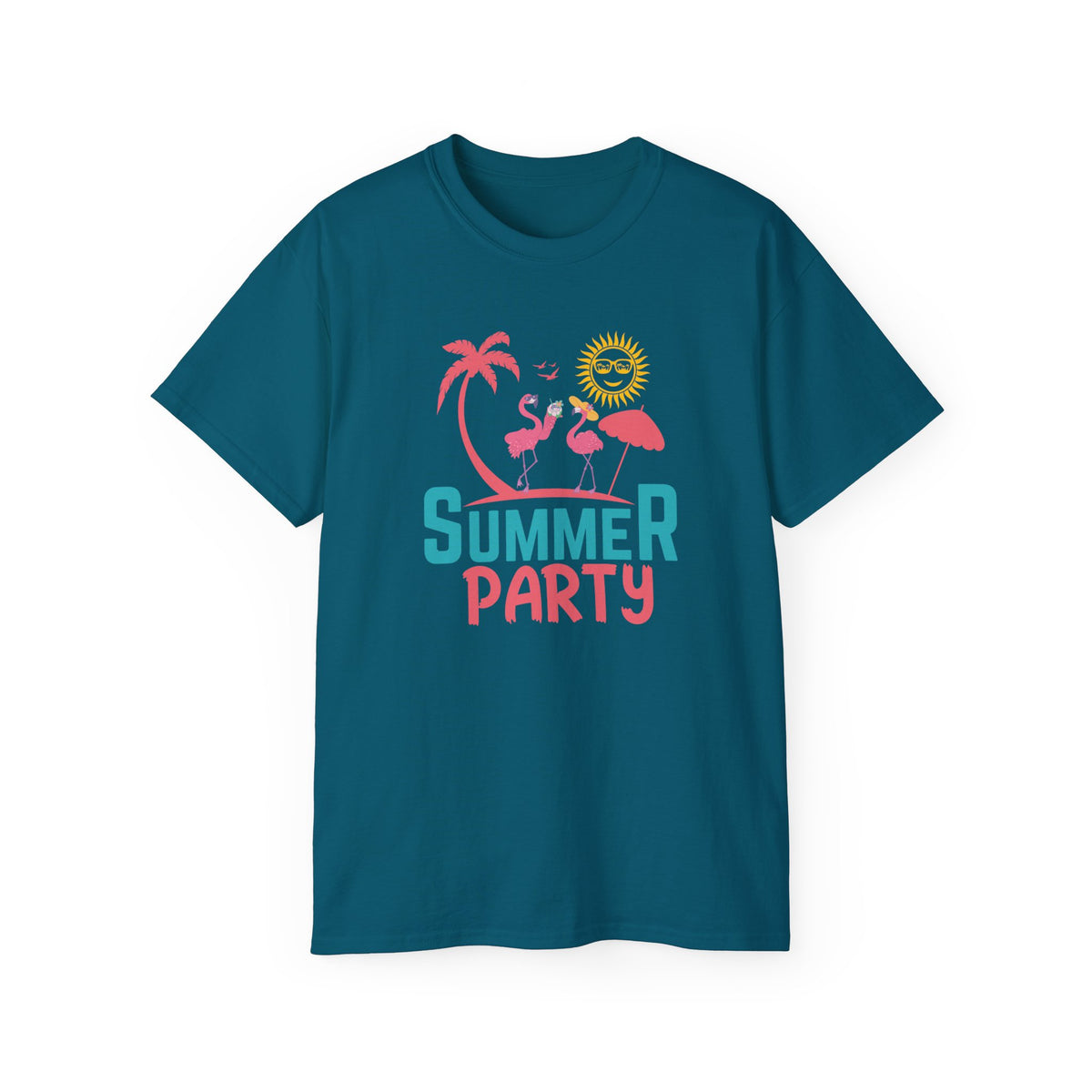 Summer Party Flamingo Tee | Tropical Palms Sun Retro Graphic