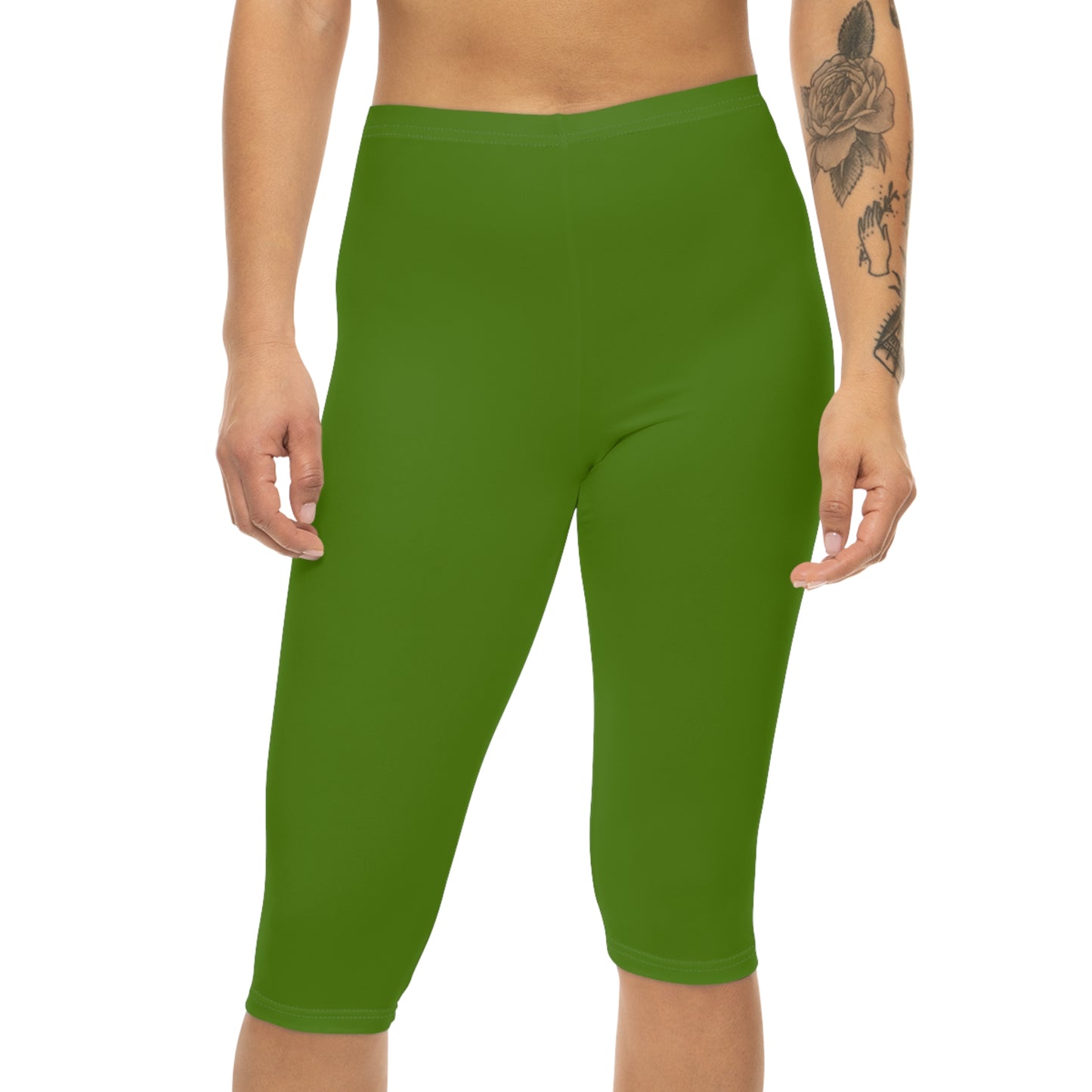 Forest Moss Color Women's Brushed Suede Poly Span Casual Capri Leggings XS-2XL