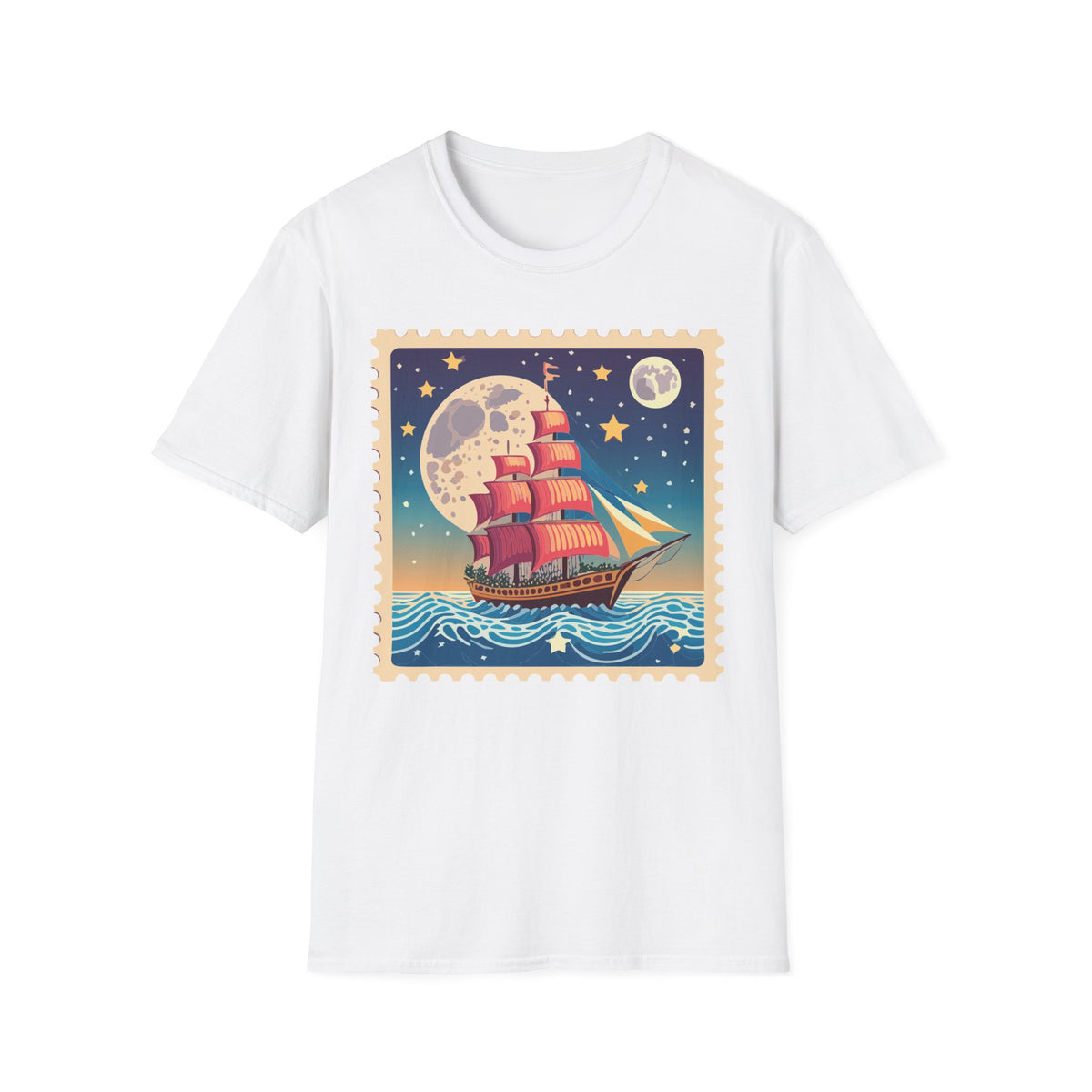 Vintage Sailing Ship Moon Poster T-Shirt | Nautical Ship Illustration