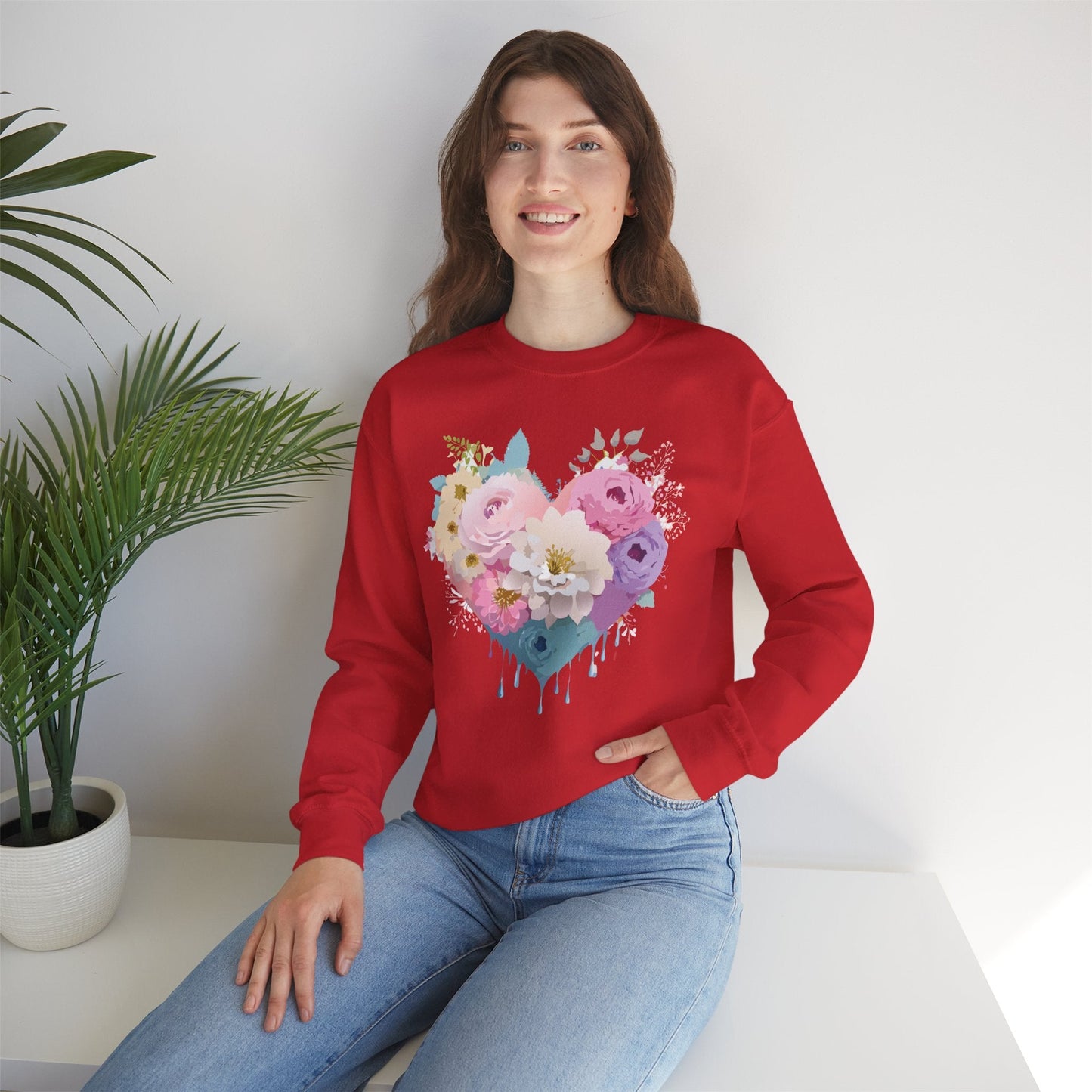 Floral Heart Unisex Crewneck Sweatshirt With Floral Love Valentines Day Design Premium Heavy Blend