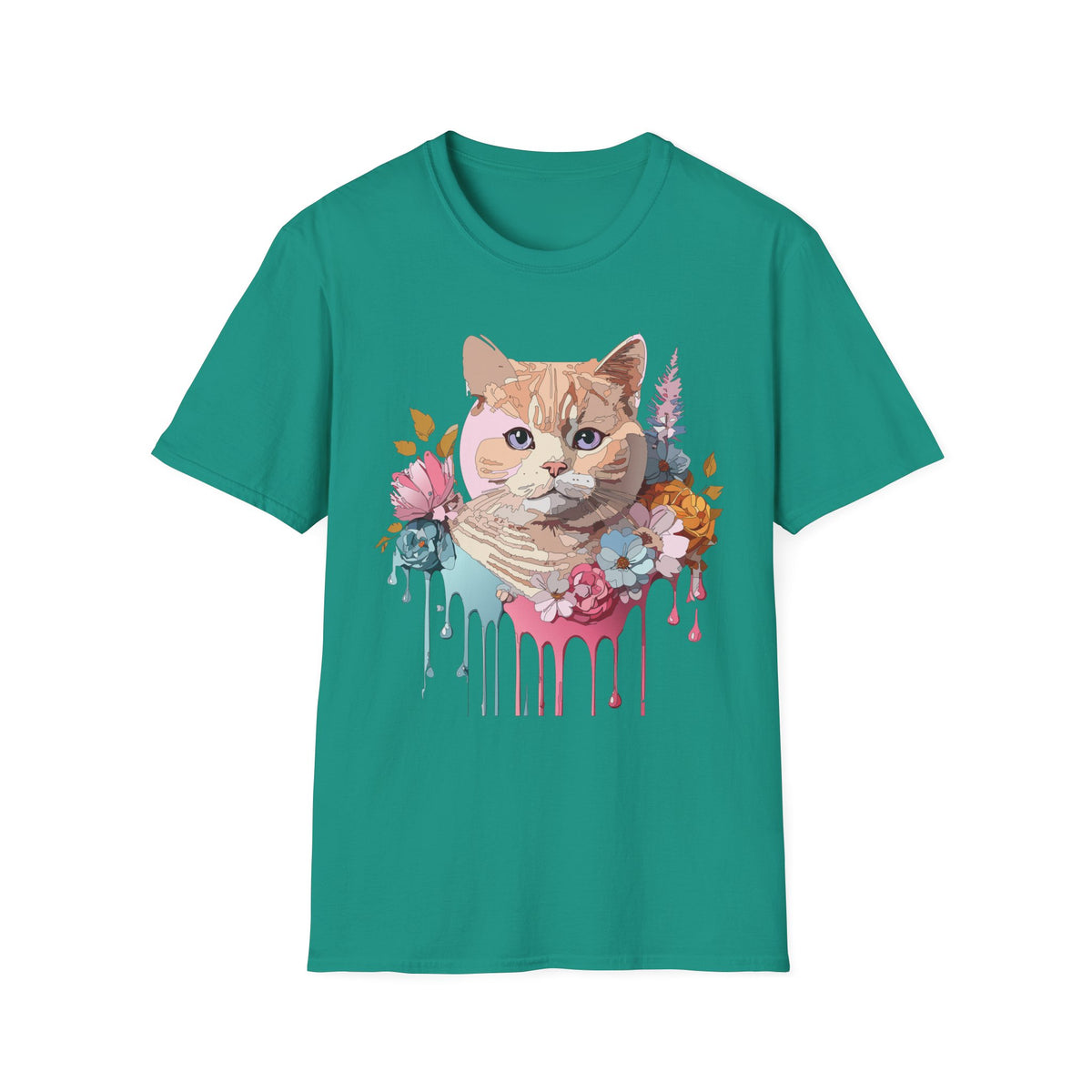 Floral Ginger Cat Portrait T-Shirt | Painted Cat Face with Flowers