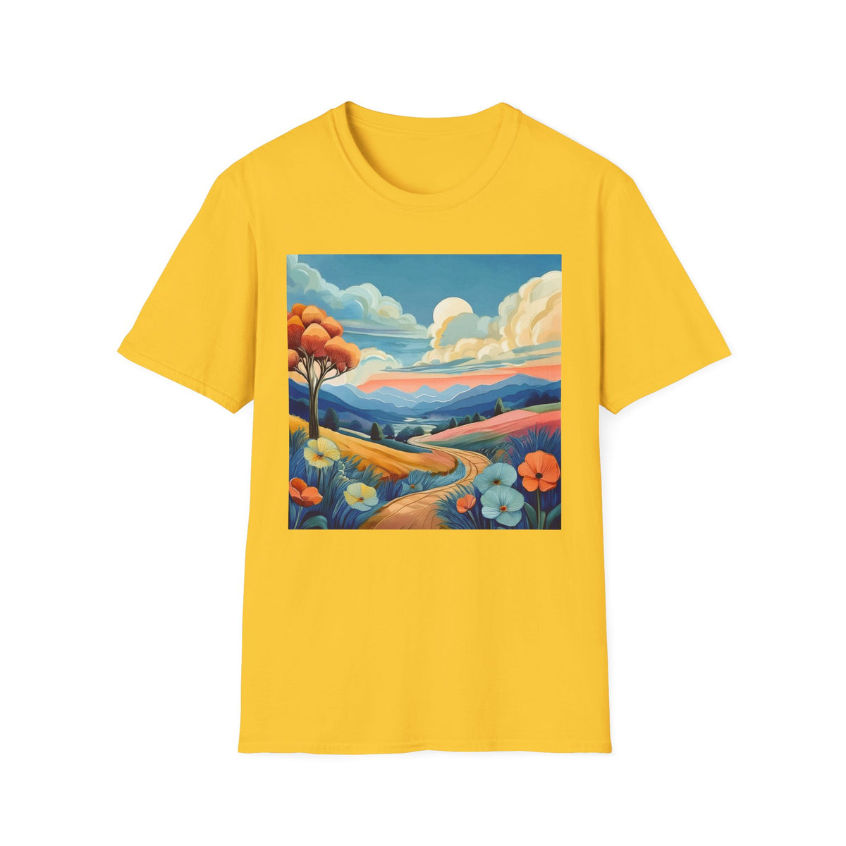 Colorful Mountain Landscape Graphic Posters, Post Stamps Design Unisex 100 Cotton Gildan T-Shirt