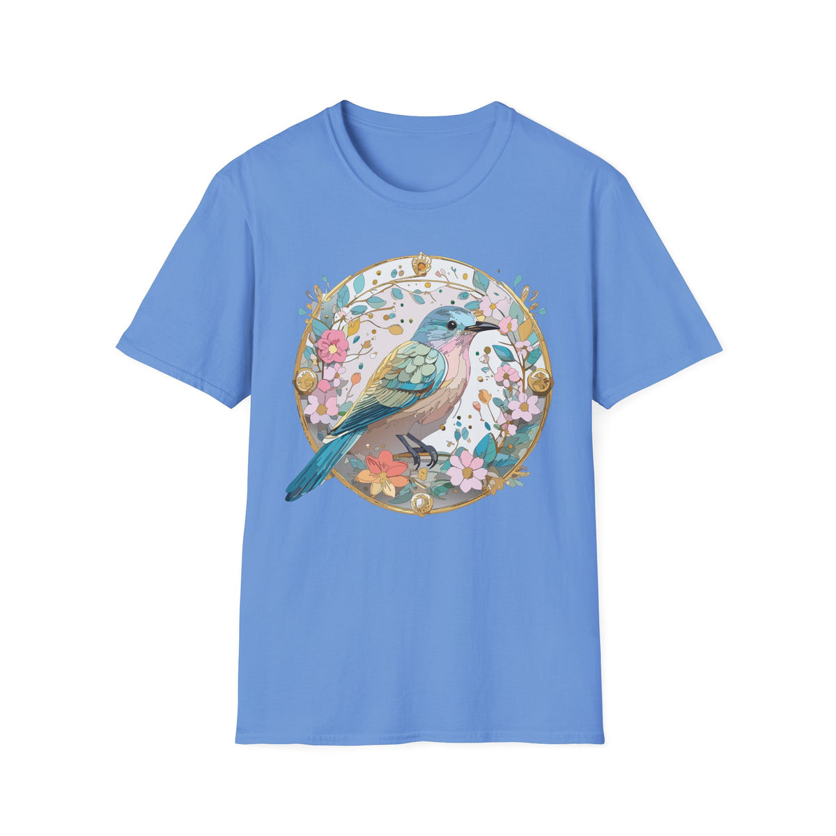 Floral Bird Illustration T-Shirt | Pastel Nature Circle Design