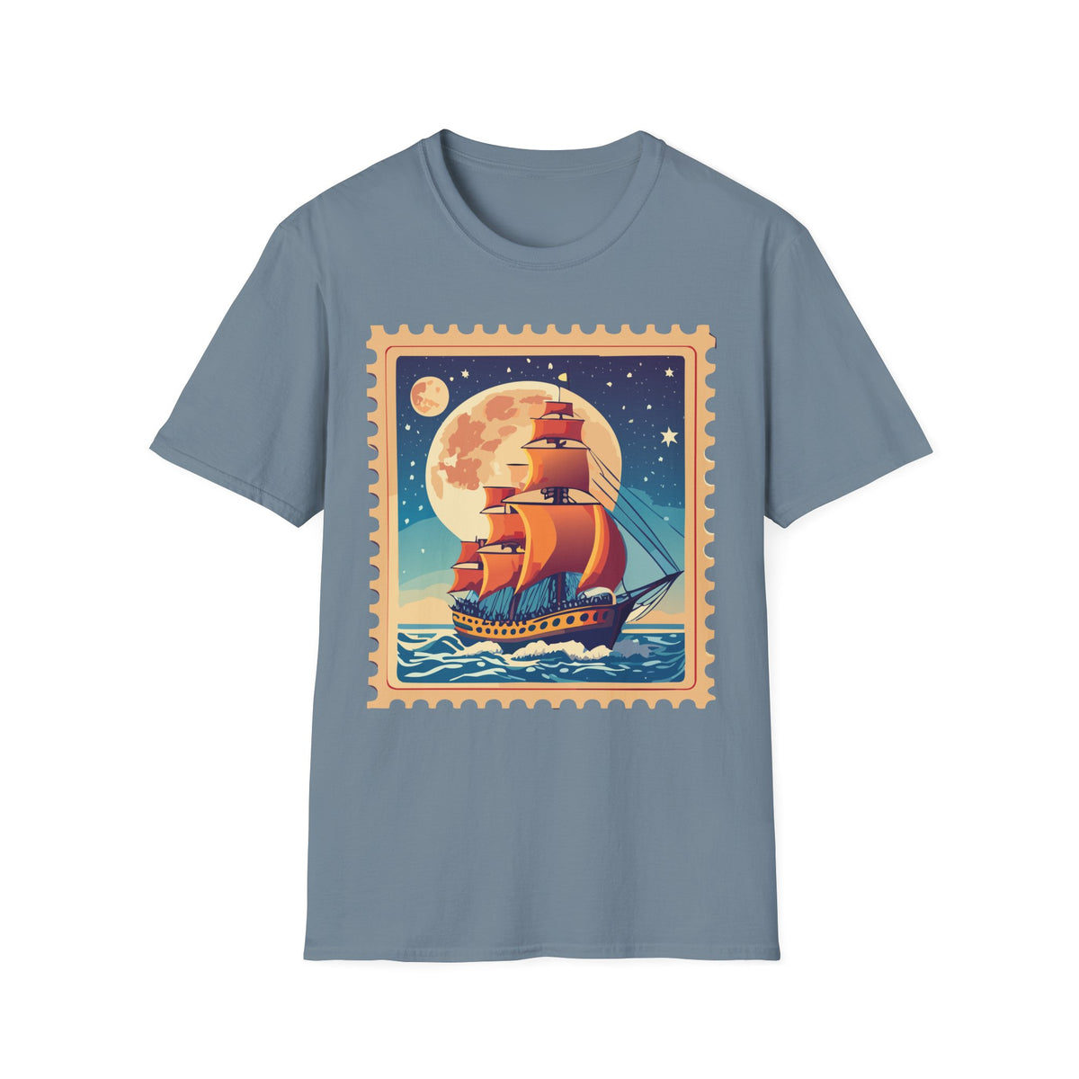 Vintage Sailing Ship T‑Shirt — Nautical Stamp Moonlight Travel Post Graphic Design Unisex 100 Cotton Gildan T-Shirt