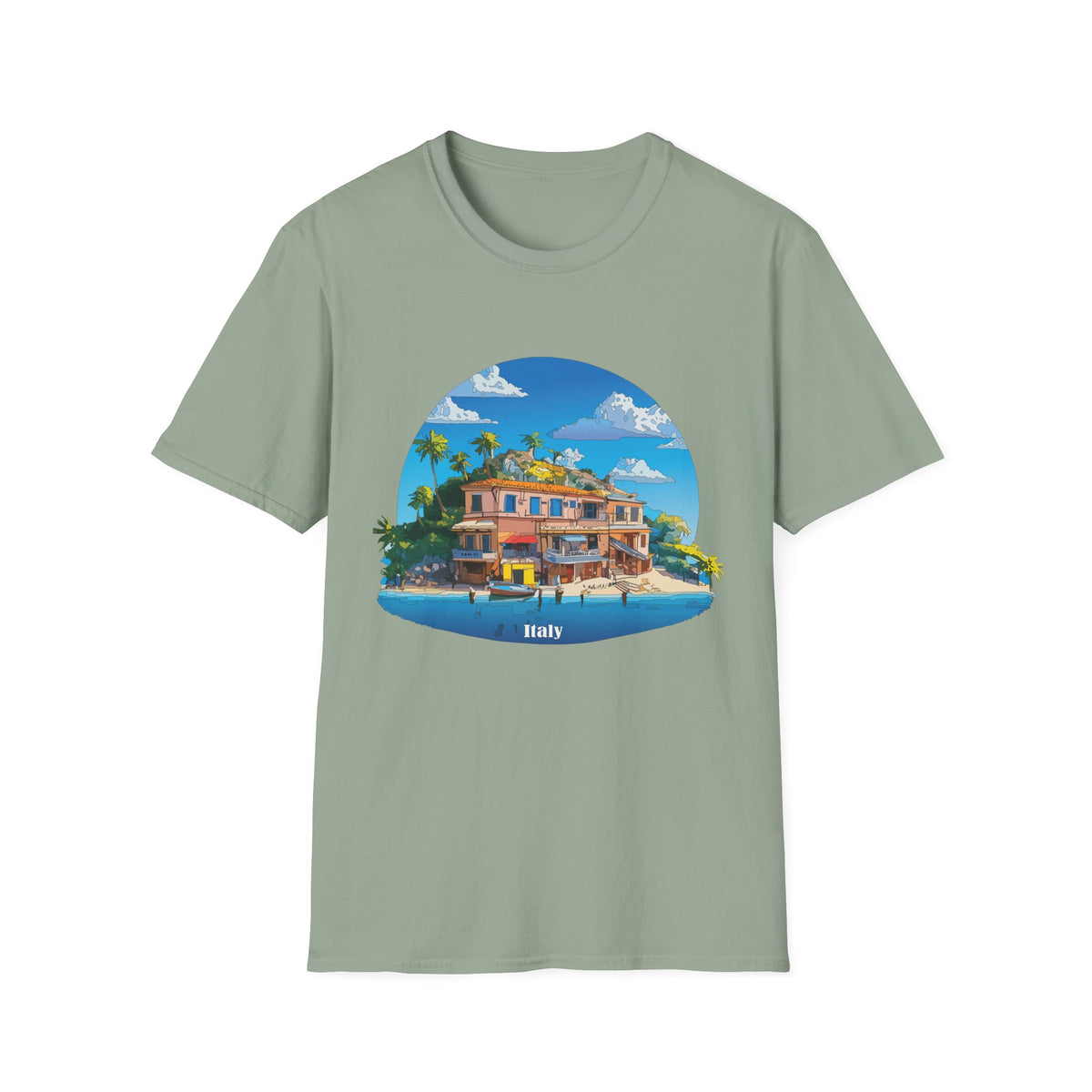 Italy Tropical Beach House Palm Trees T-Shirt | Seaside Villa Illustration