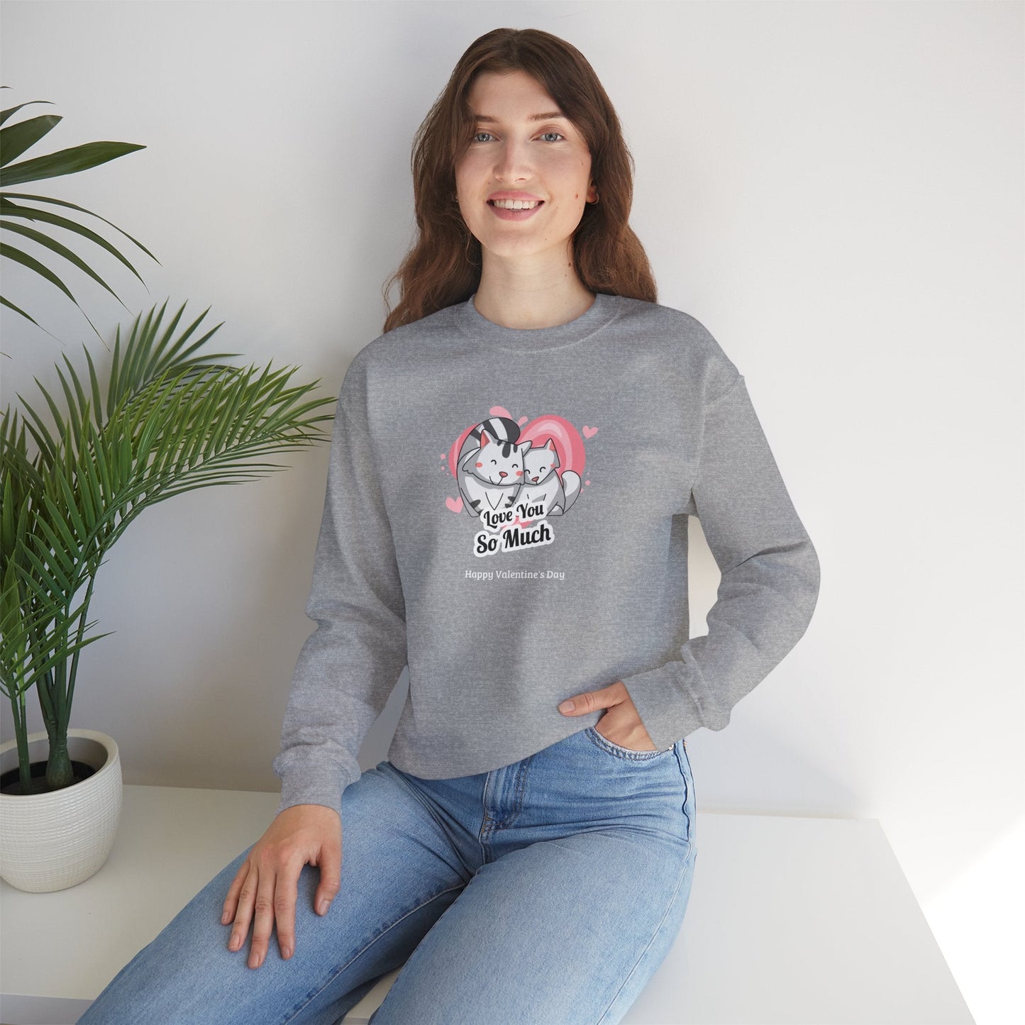 Cat Heart Sweatshirt Valentines Day Unisex 50 50 Cotton Poly Crewneck Gildan 18000