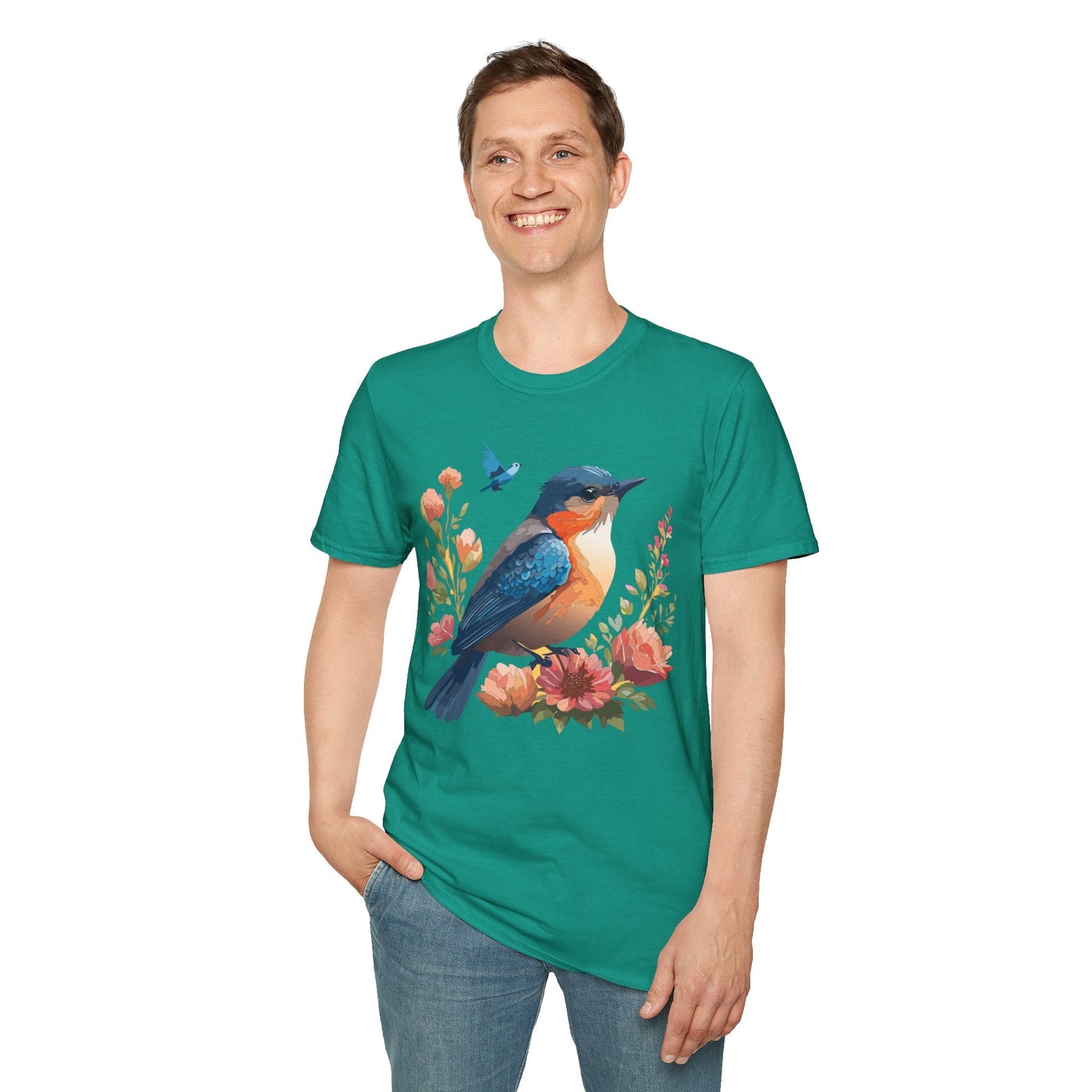 Unisex Floral Bird T Shirt Softstyle 64000 Gildan Ring Spun Cotton Tee Relaxed Fit