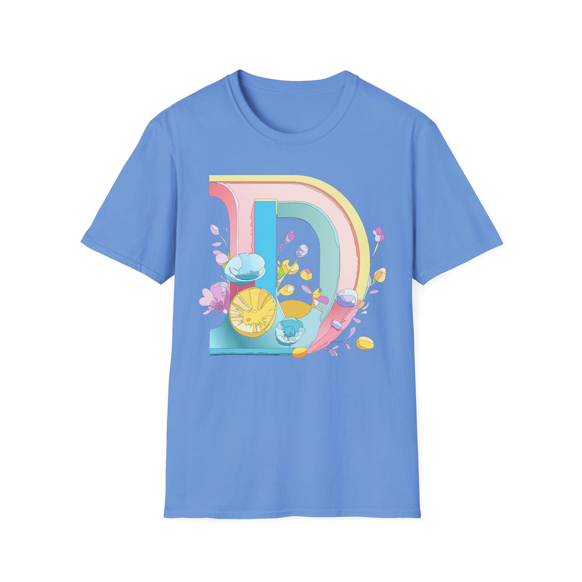 Retro Rainbow Letter D T-Shirt | Floral Lemon Initial Graphic