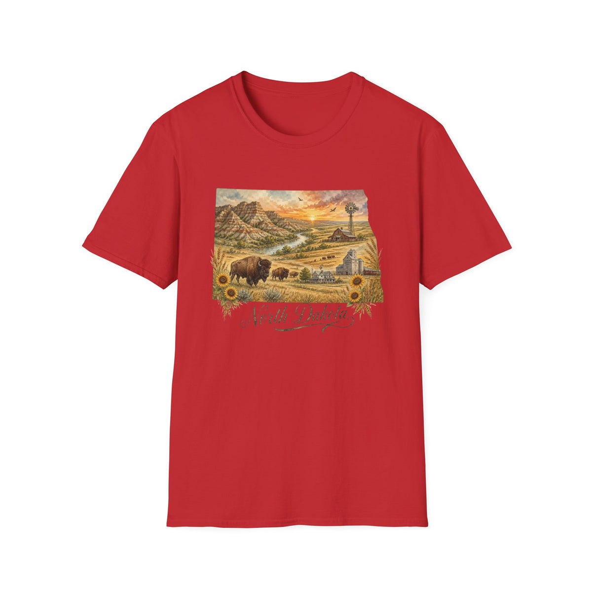 North Dakota State Travel Tourist Graphic Design Unisex 100 Cotton Gildan T-Shirt