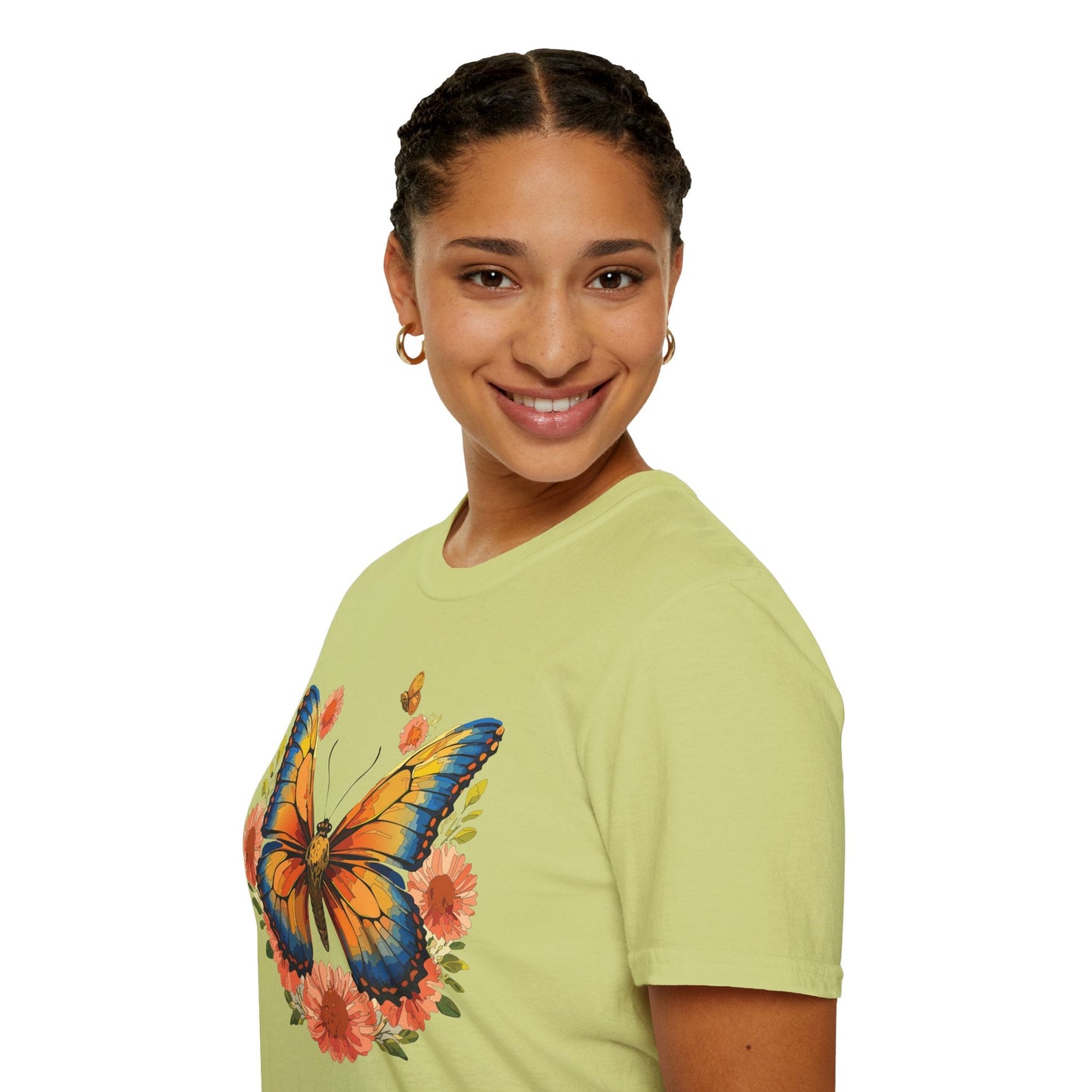 Butterfly T Shirt Unisex Softstyle Gildan 64000 Monarch Print 100 Percent Ring Spun Cotton