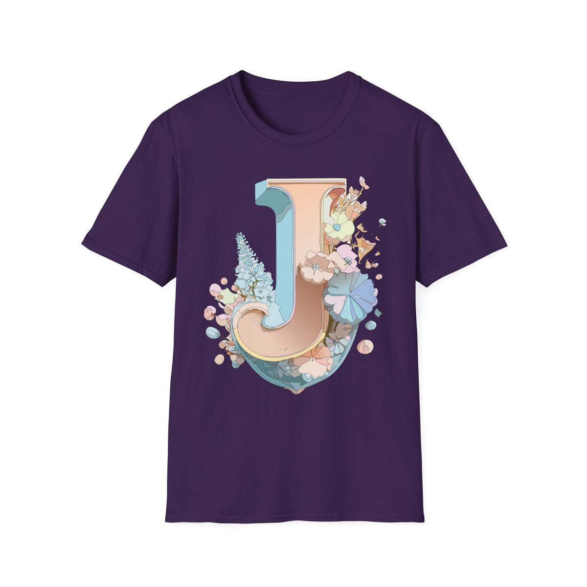 Floral Letter J T-Shirt | Monogram Initial Tee, Pastel Botanical Typography