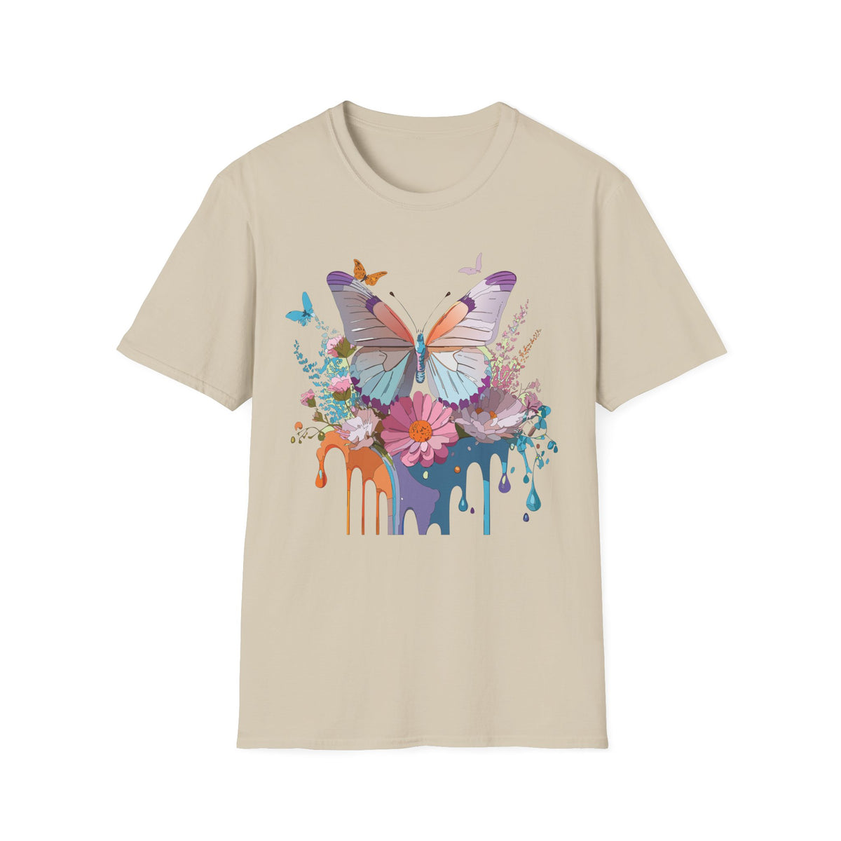 Butterfly Floral T-Shirt — Colorful Drip Art Garden Graphic Design Unisex 100 Cotton Gildan T-Shirt