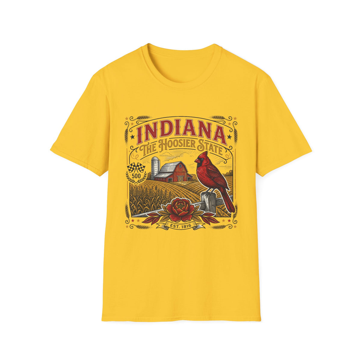 Indiana The Hoosier State T-Shirt — Farm Vintage Travel Tourist Graphic Design Unisex 100 Cotton Gildan T-Shirt