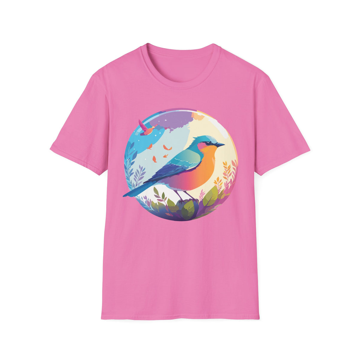 Colorful Bird Illustration T-Shirt | Rainbow Songbird Circle Art