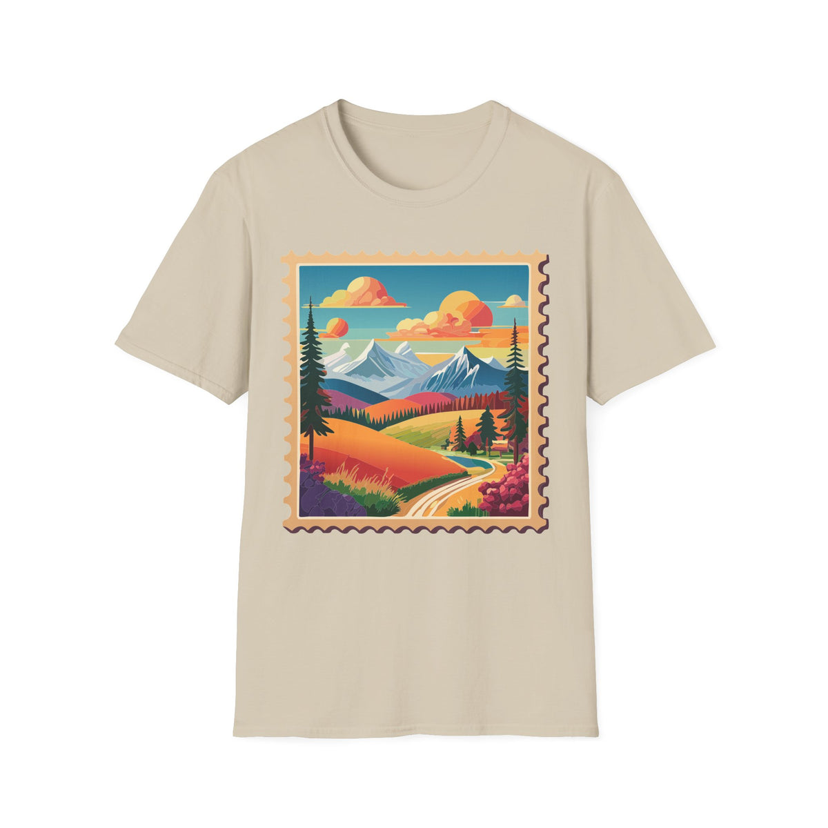 Vintage Mountain Landscape T-Shirt | Scenic Stamp Illustration