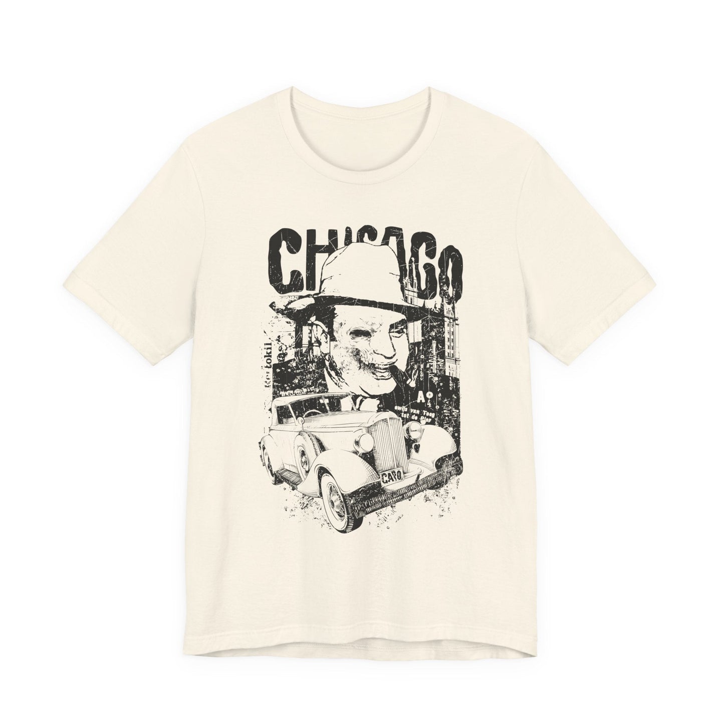 Chicago Retro Mobster Illustration Tee Vintage Car Cityscape Art Design T-Shirt A-8