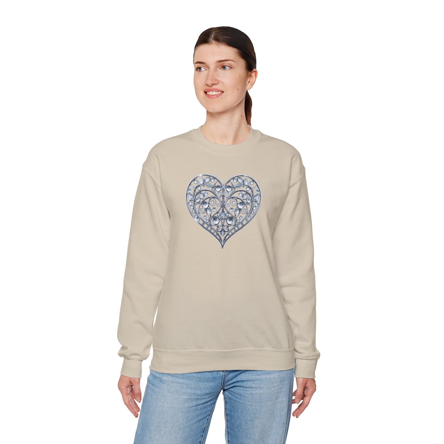 Big Crystal Heart Sweatshirt Unisex Fifty Fifty Cotton Poly Crewneck Valentines Day Sweatshirt