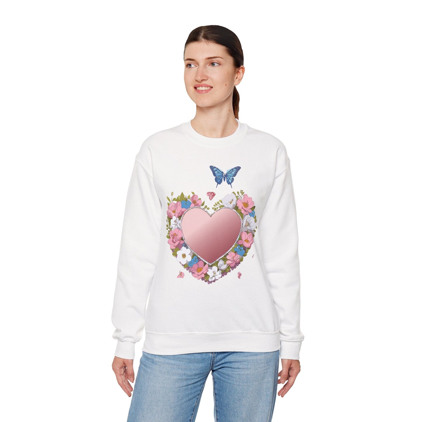 Unisex Floral Heart Sweatshirt Valentines Day Love Crewneck Gildan 18000 50/50 Cotton Polyester