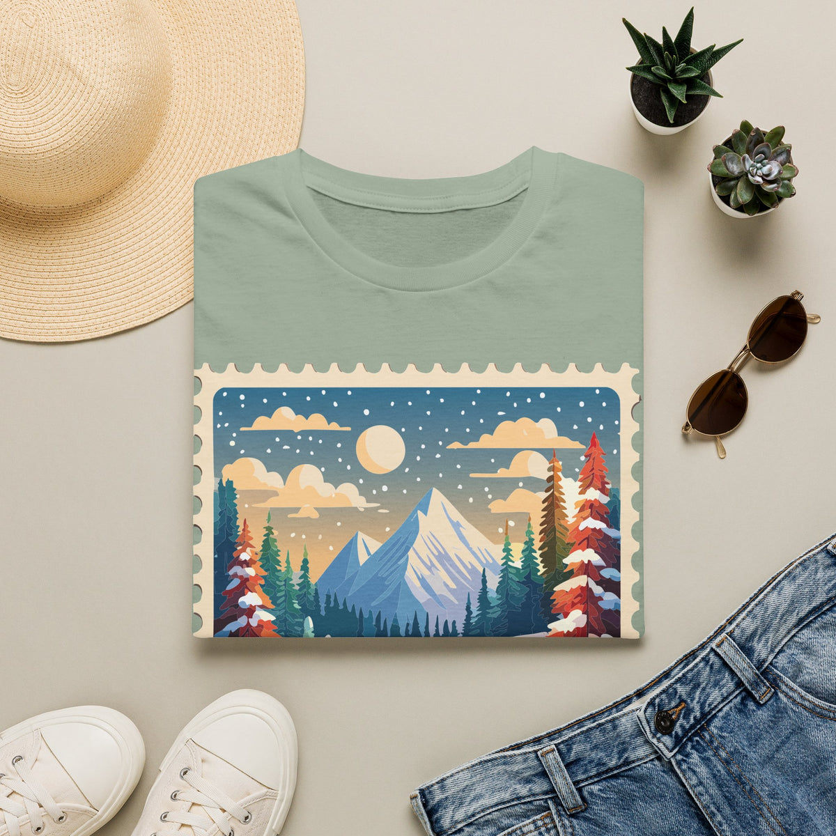 Vintage Winter Mountain Scene T-Shirt | Snowy Peaks Forest Illustration
