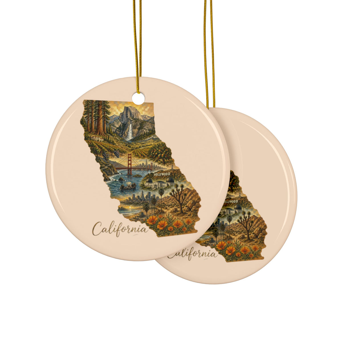 California state map floral illustration Ornament | Ceramic round holiday decor - 2.99" Includes Gold String