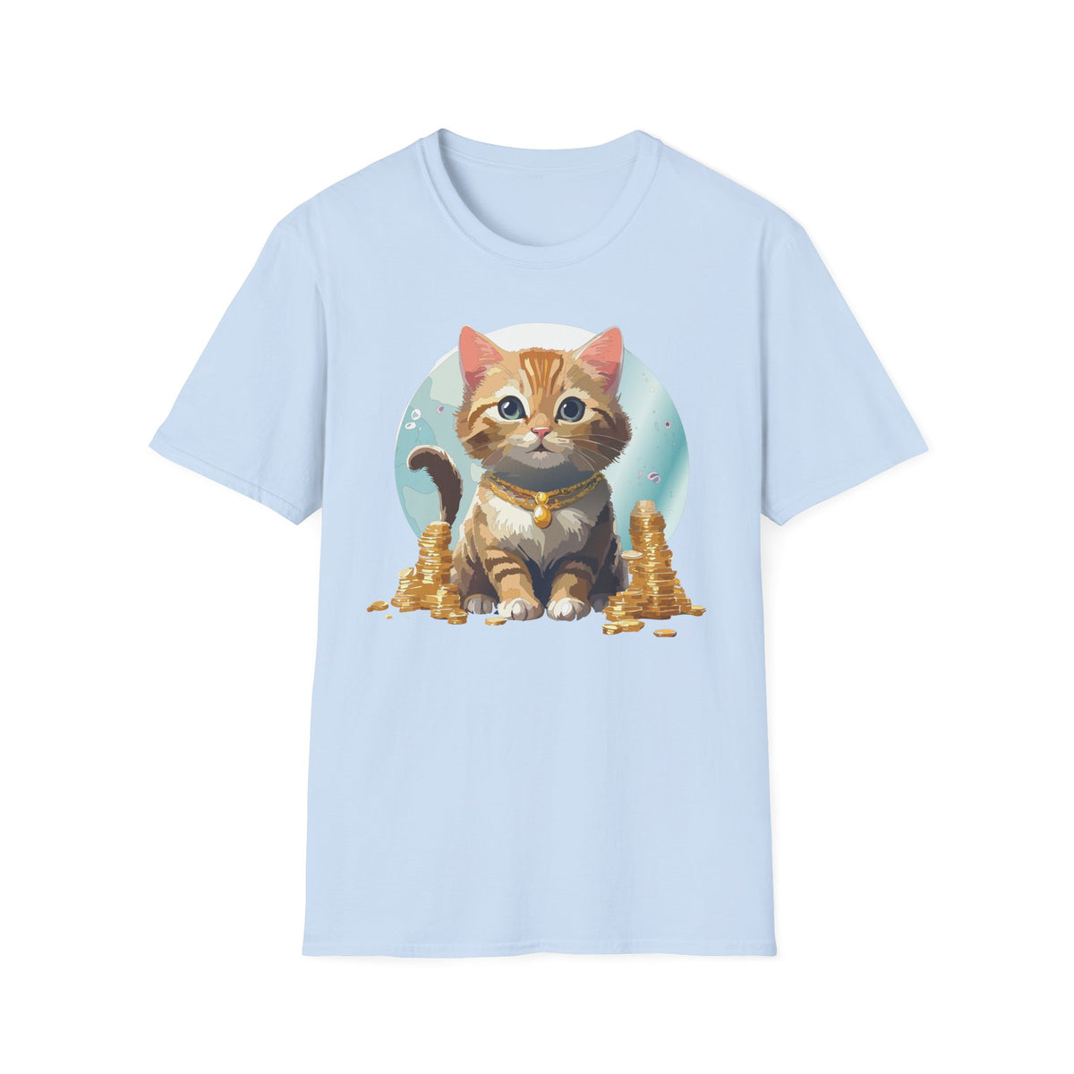 Lucky Cat Illustration T-Shirt | Cute Kitten with Coins