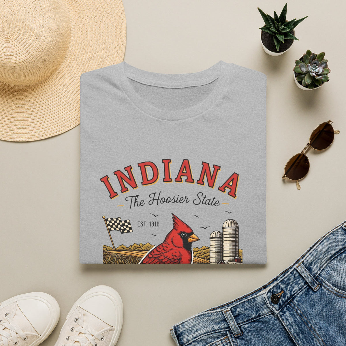 Indiana Cardinal Bird Farm Tee — Indiana The Hoosier State Graphic Travel Tourist Graphic Design Unisex 100 Cotton Gildan T-Shirt