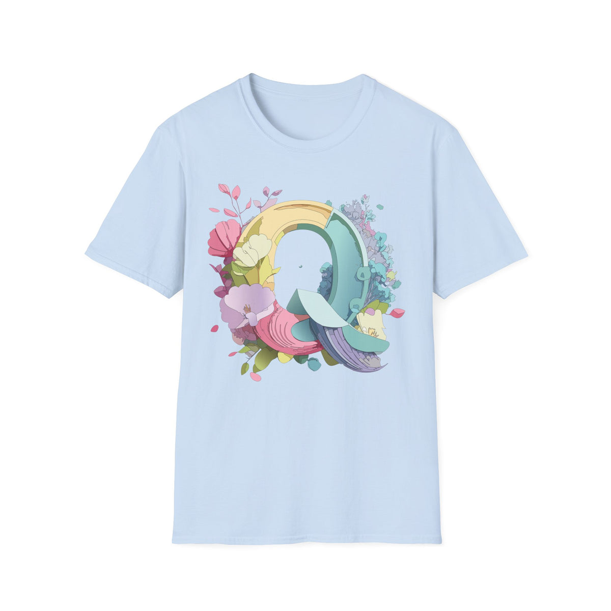 Floral Letter Q T-Shirt | Pastel Rainbow Monogram Tee