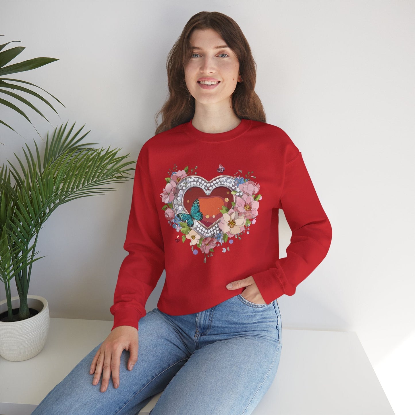 Floral Heart Sweatshirt Unisex Valentines Day Edition Gildan 18000 Heavy Blend Crewneck