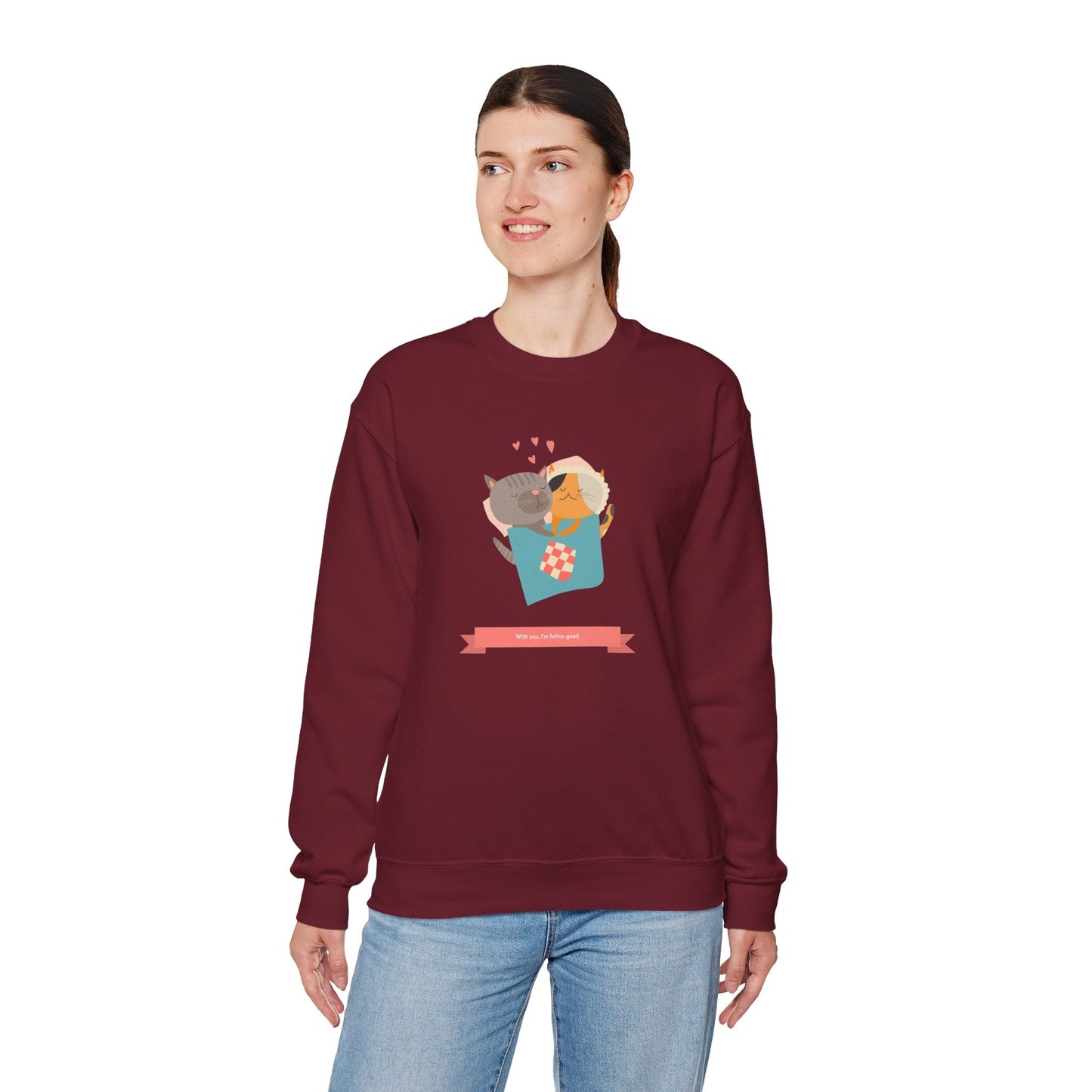 Cat Heart Sweatshirt Unisex Valentines Day 50 50 Cotton Poly Crewneck Gildan 18000