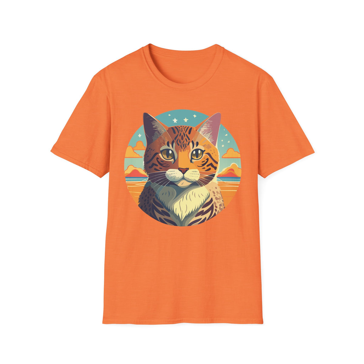 Retro Tabby Cat Illustration T-Shirt | Vintage Sunset Cat Tee