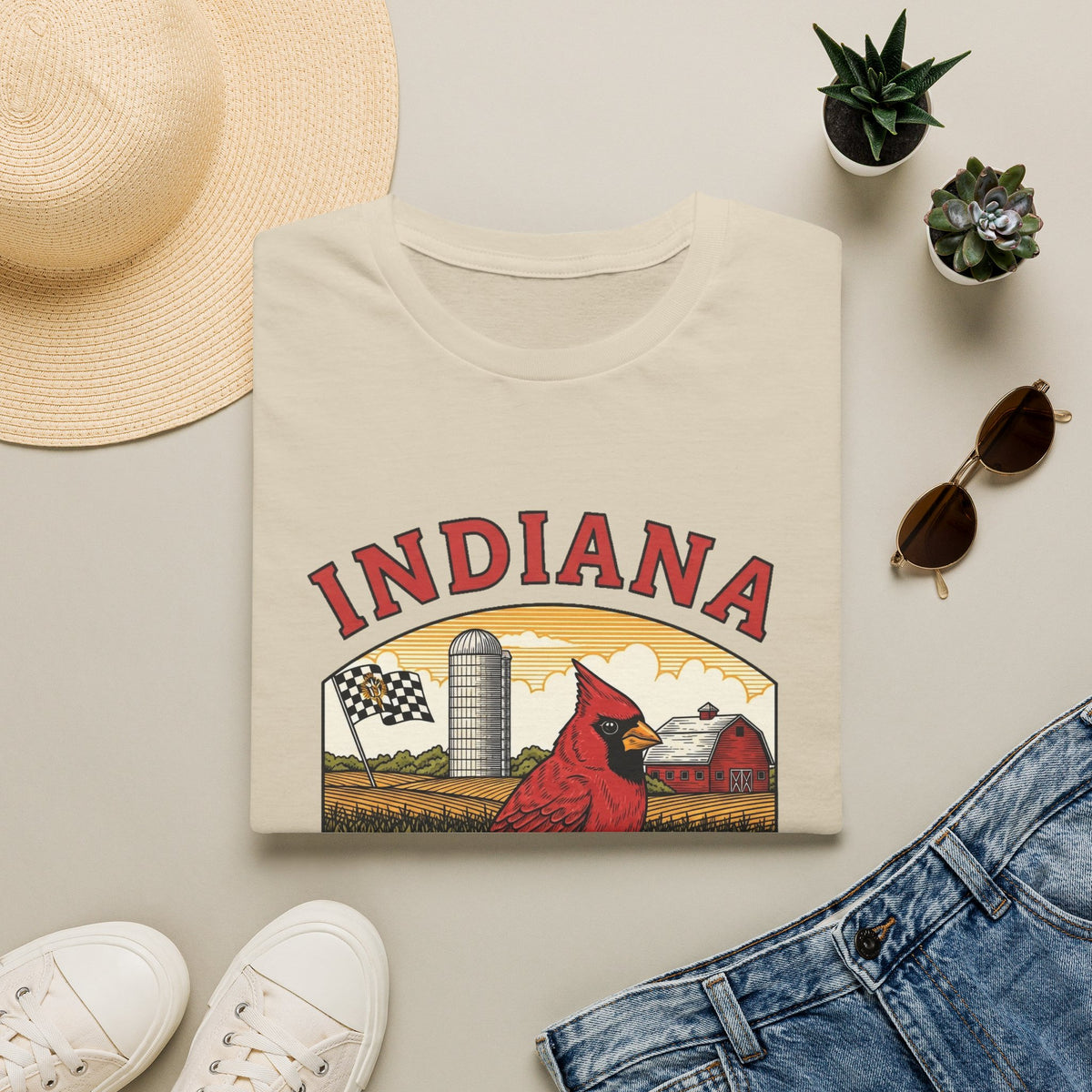 Indiana Cardinal Bird Tee — The Hoosier State Vintage Farm Design Travel Tourist Graphic Design Unisex 100 Cotton Gildan T-Shirt